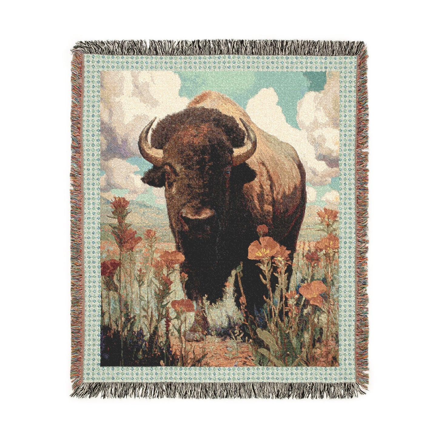 Buffalo Woven Blanket, Bison Throw Blanket, Boho Floral Blanket, Rustic Wildlife Tapestry, Cozy Farmhouse Decor, Nature Lover Gift