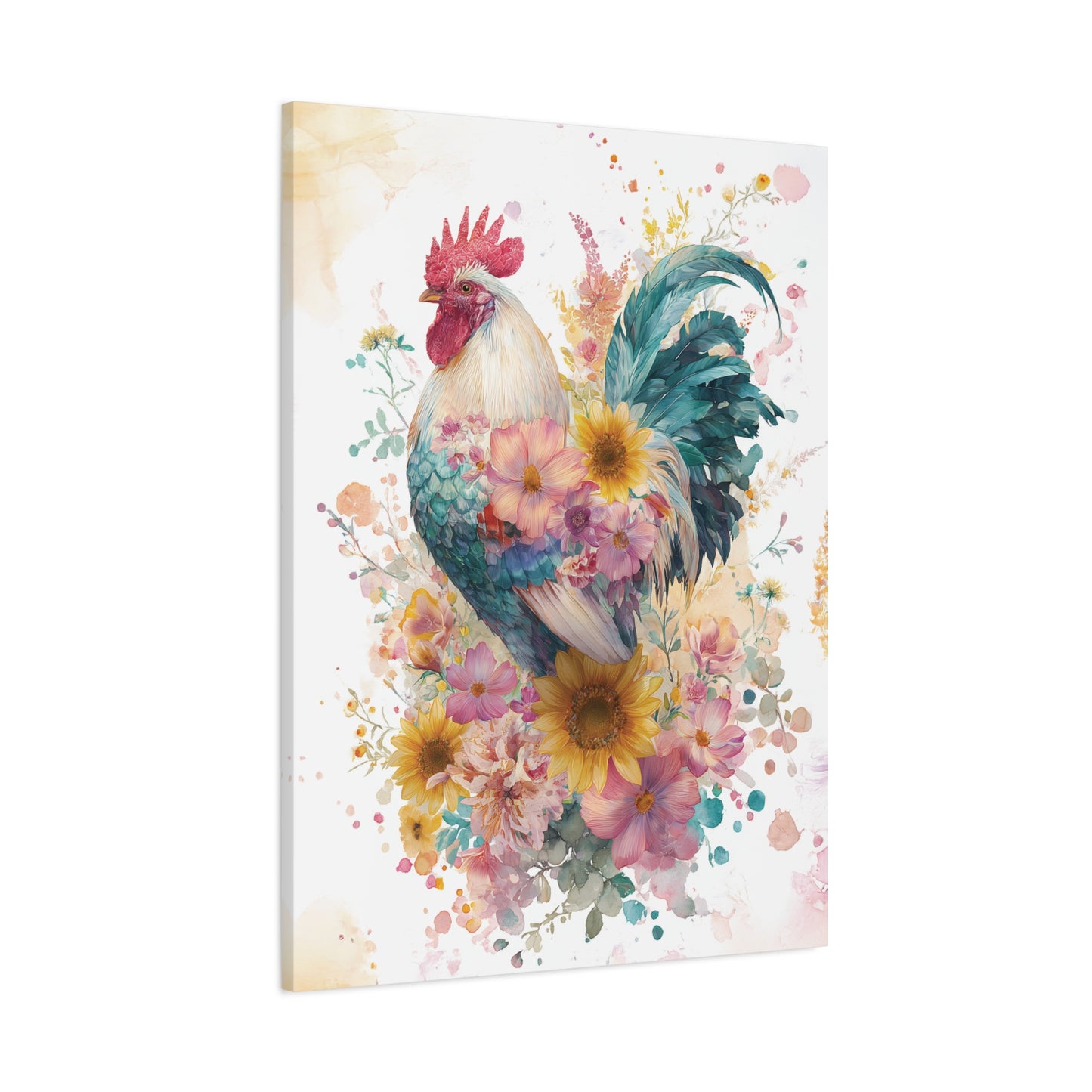 Floral Rooster Design Canvas Print Wall Art, Farmhouse Decor, Watercolor Style, Wildflower Sunflower Painting, Kitchen Livingroom Decor