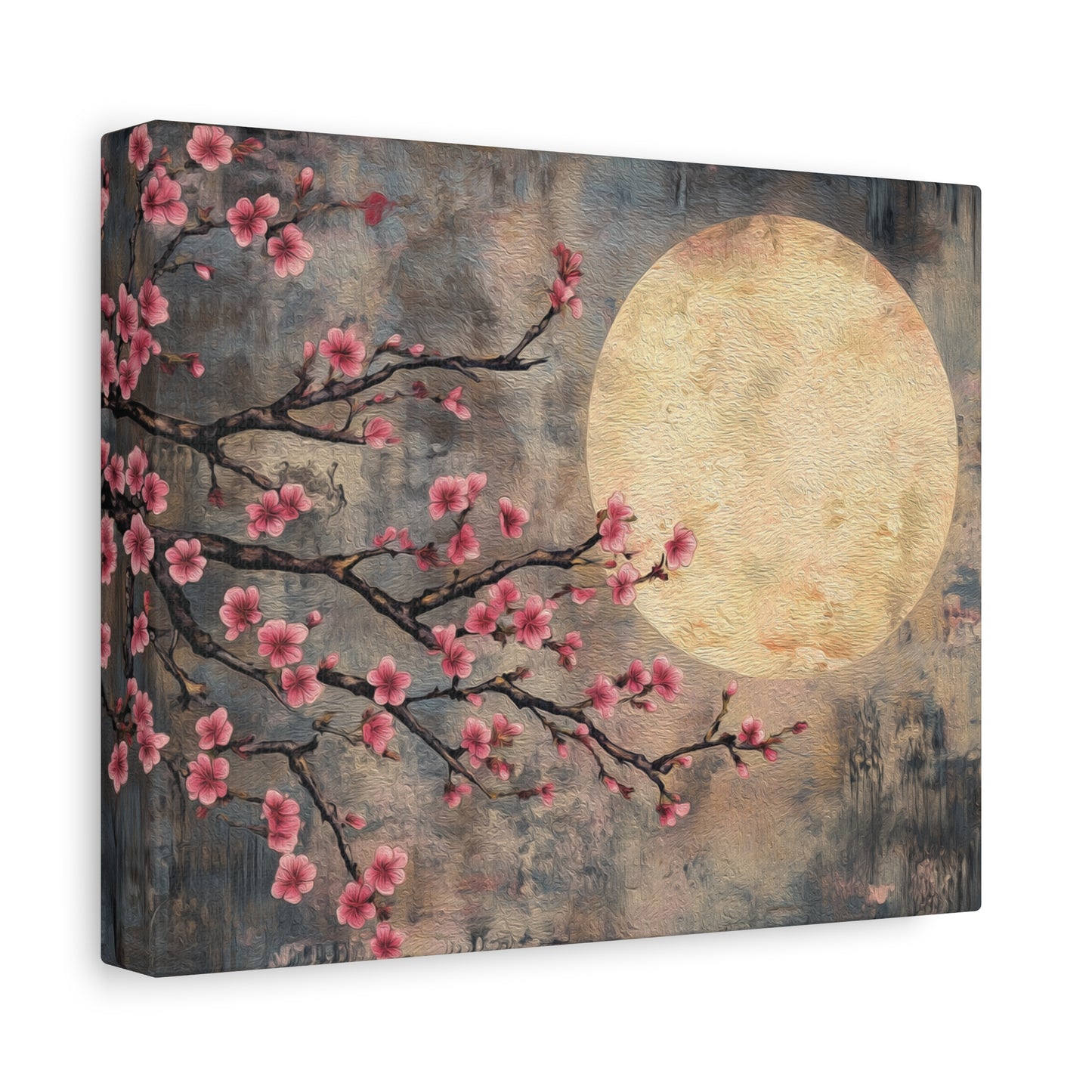 Cherry Blossom Branch Celestial Full Moon Canvas Print, Sakura Flower Wall Art Decor, Japanese Tree Canvas Art, Rustic Home Office Decor