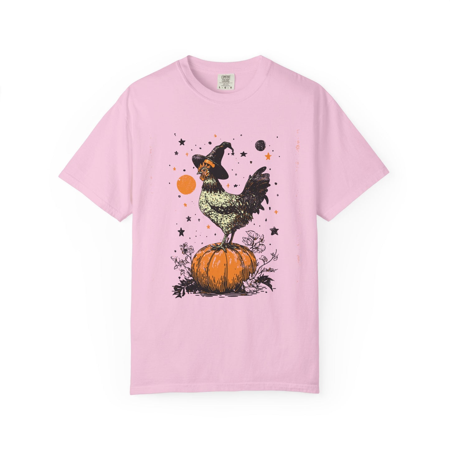 Comfort Colors Farmyard Halloween Chicken Garment-Dyed T-shirt, Spooky Pumpkin Witch Hat Rustic Autumn Tee, Fall Style, Harvest Time Shirt