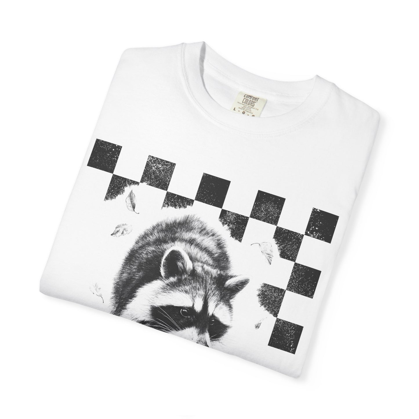 Comfort Colors Raccoon Graphic Tee, Fall Autumn Season Shirt, Nature-Inspired Minimalist Top, Checkerboard Graphic Shirt, Wildlife Lover