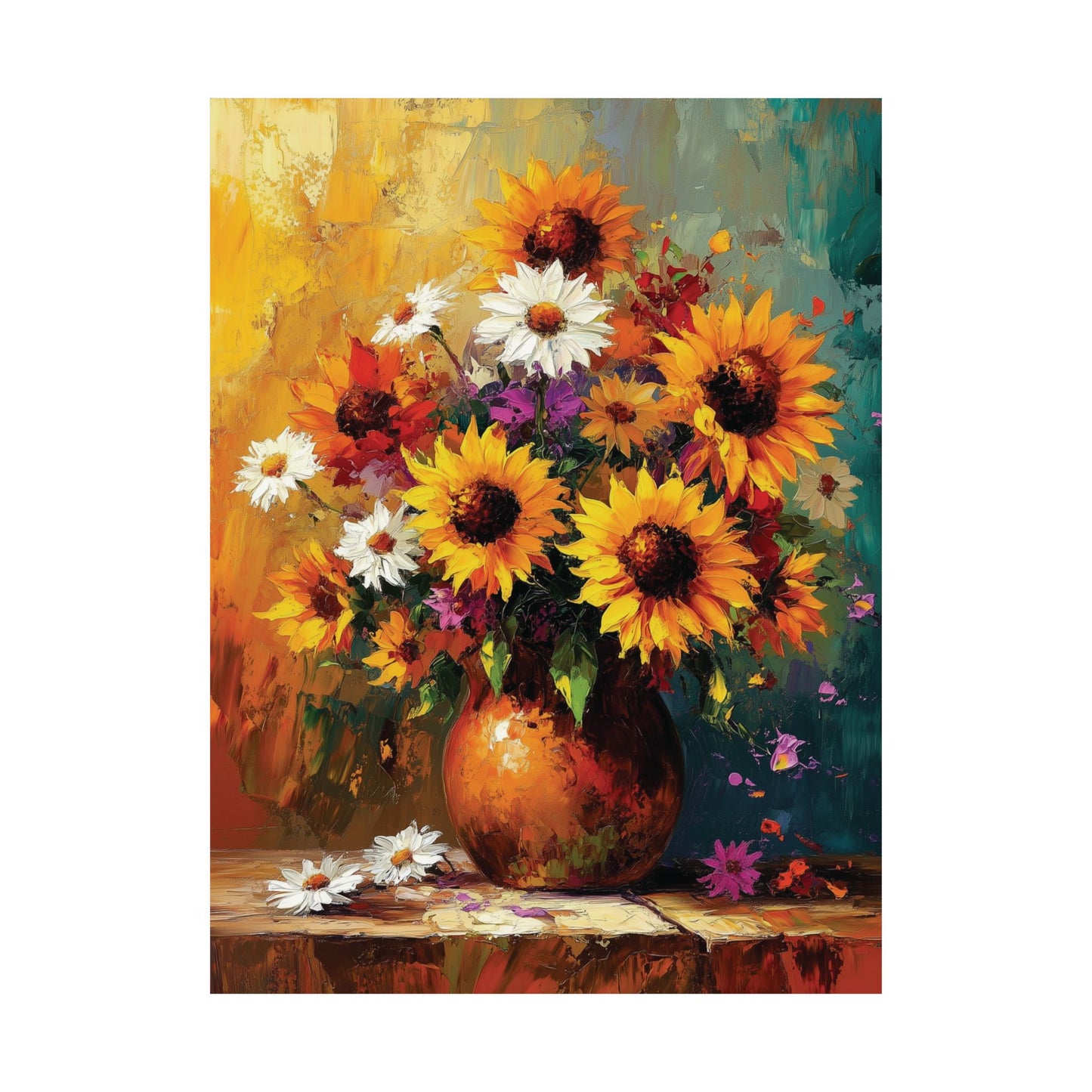 Impressionistic Floral Matte Poster Print, Sunflower Bouquet Painting Print, Home Decor Wall Art Gift, Daisies Sun Flowers Painting Poster