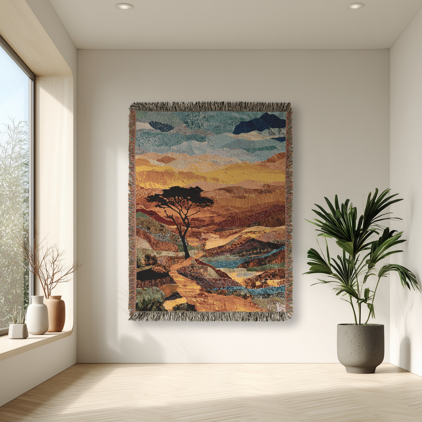 Decorative wall tapestry of a landscape with trees and mountains in a modern room.