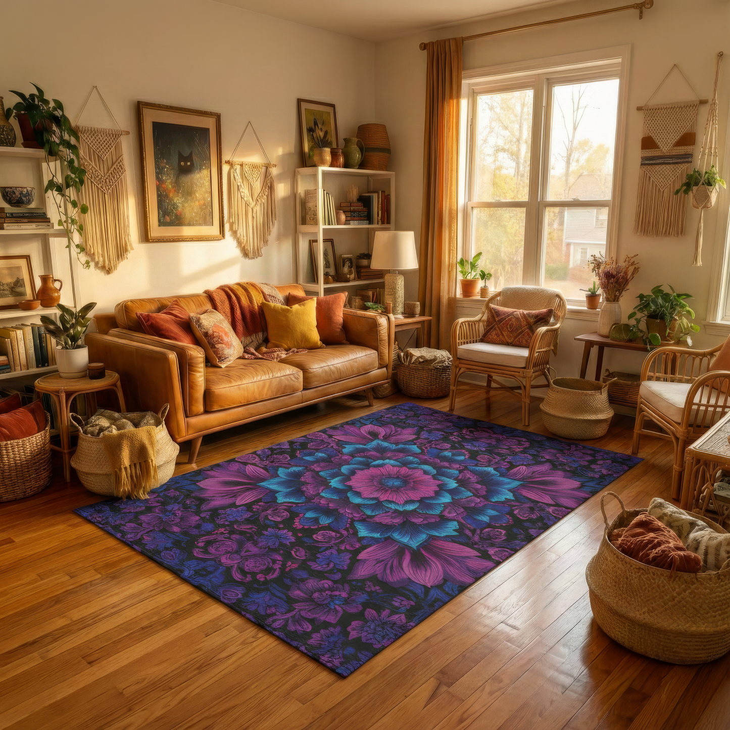 Vibrant Purple Blue Mandala Area Rug, Maximalist Boho Floral Decor, Witchy Dark Aesthetic Floor Mat, Psychedelic Bedroom Carpet