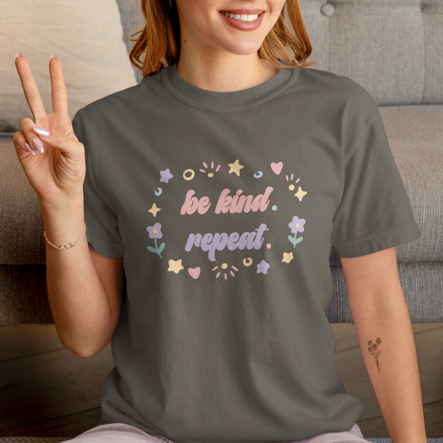 Comfort Colors Playful Phrase Be Kind Repeat T-Shirt, Positive Vibes Tee, Soft Pastel Shirt, Cheerful Graphic Top, Trendy Shirt