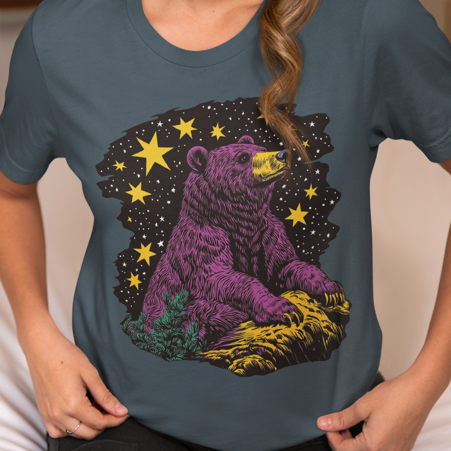 Bear Night Sky T-Shirt, Graphic Animal Tee, Colorful Moonlight Shirt, Pop Art Bear Top, Unisex Jersey Short Sleeve Tee