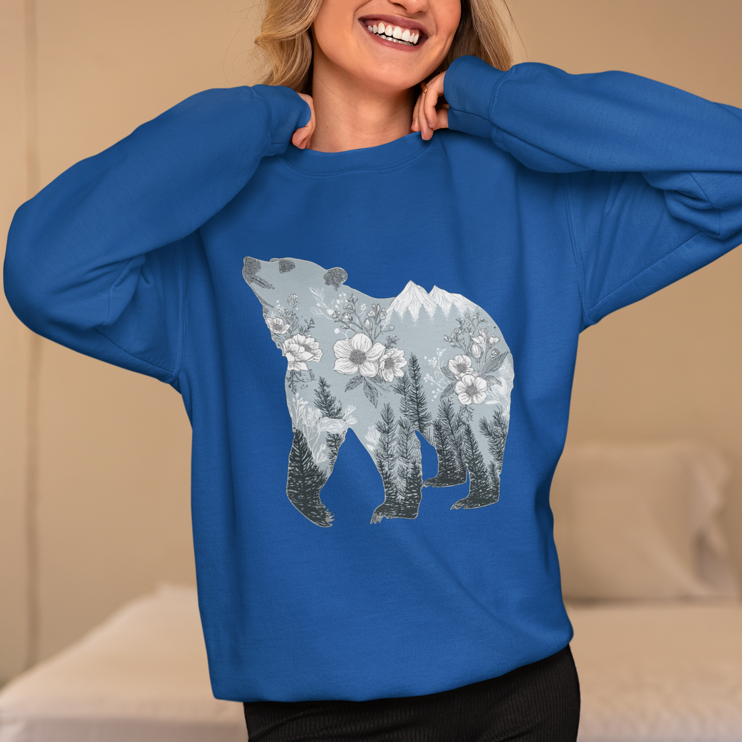 Bear Silhouette Mountain Landscape Crewneck Sweatshirt, Wilderness & Botanical Nature Design, Outdoor Adventure Gift, Winter Hiking Apparel