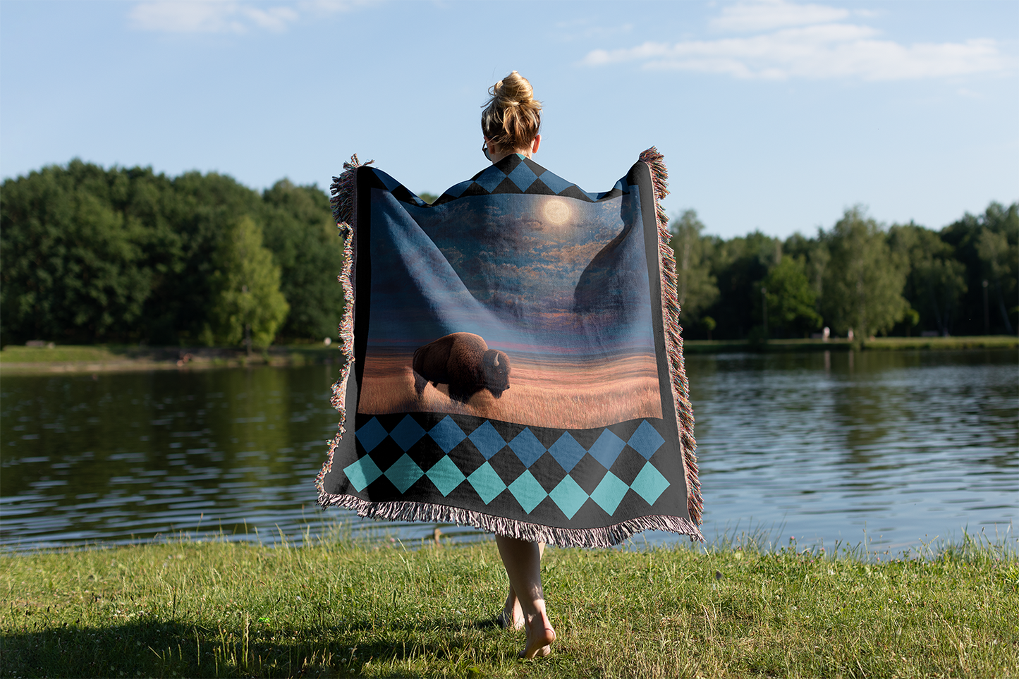Bison Woven Blanket, Southwestern Tapestry Wall Hanging, Rustic Cabin Decor Jacquard Throw, Full Moon Art, Buffalo Gift for Nature Lover