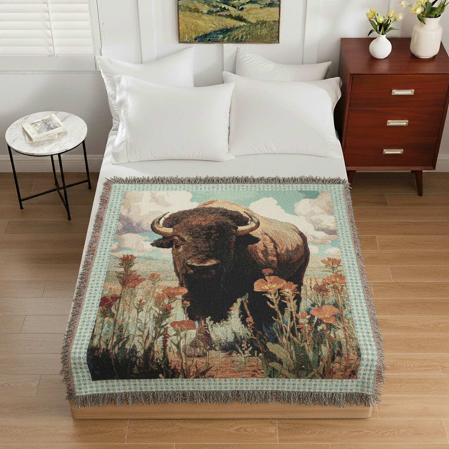 Buffalo Woven Blanket, Bison Throw Blanket, Boho Floral Blanket, Rustic Wildlife Tapestry, Cozy Farmhouse Decor, Nature Lover Gift