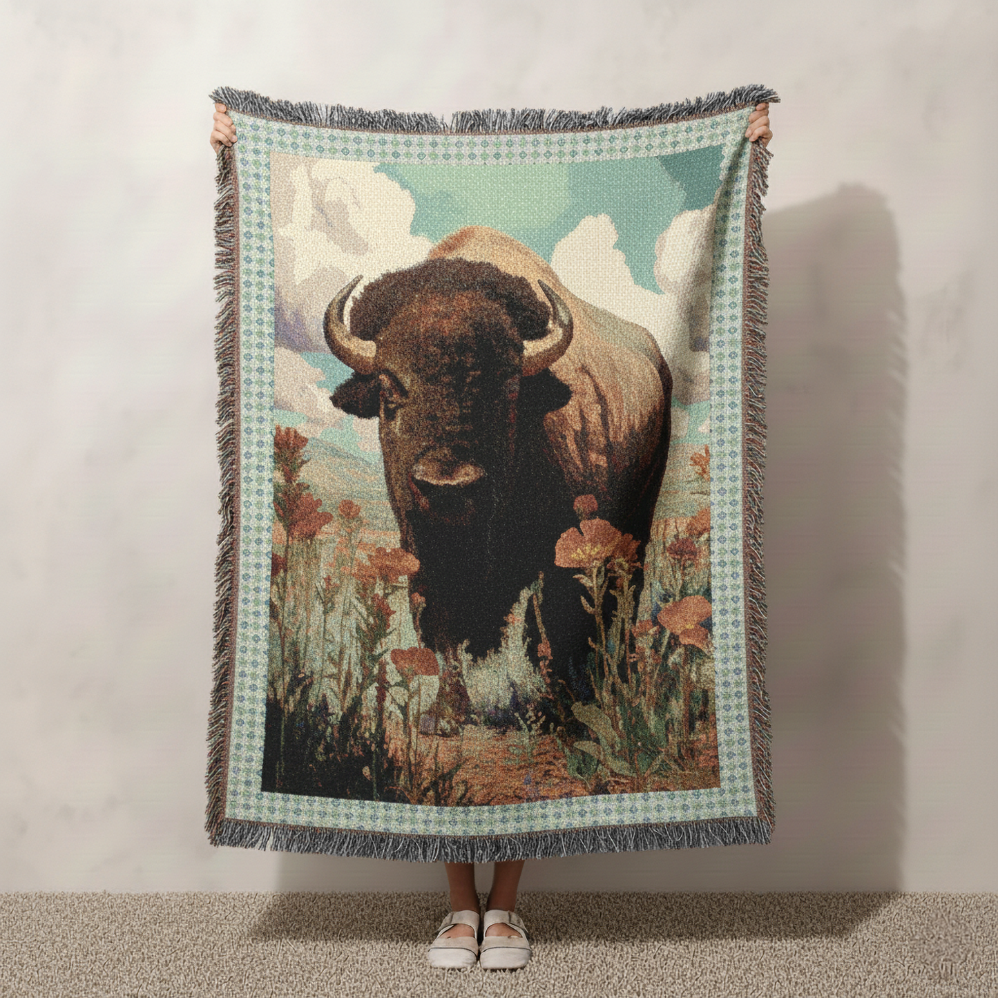 Buffalo Woven Blanket, Bison Throw Blanket, Boho Floral Blanket, Rustic Wildlife Tapestry, Cozy Farmhouse Decor, Nature Lover Gift