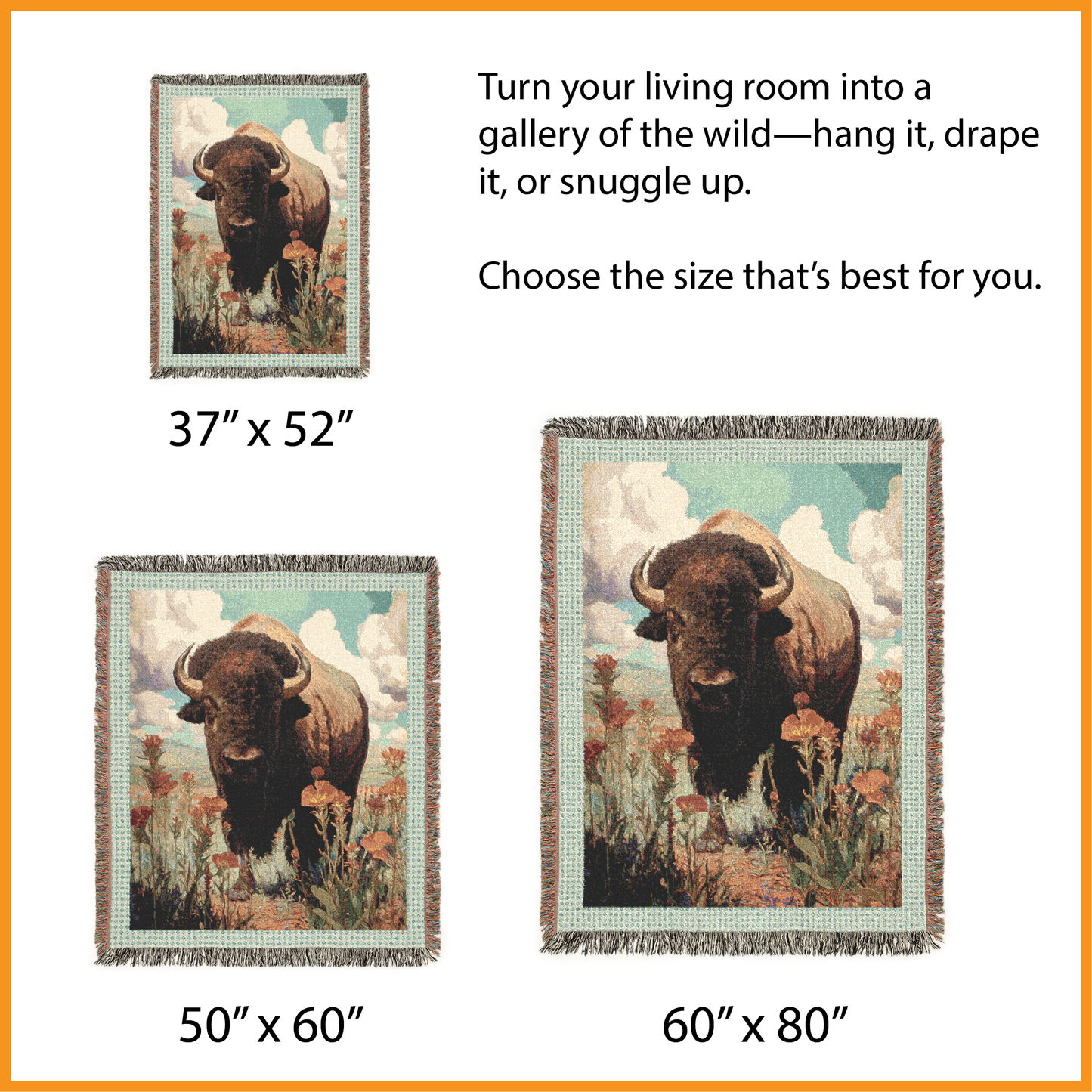 Buffalo Woven Blanket, Bison Throw Blanket, Boho Floral Blanket, Rustic Wildlife Tapestry, Cozy Farmhouse Decor, Nature Lover Gift