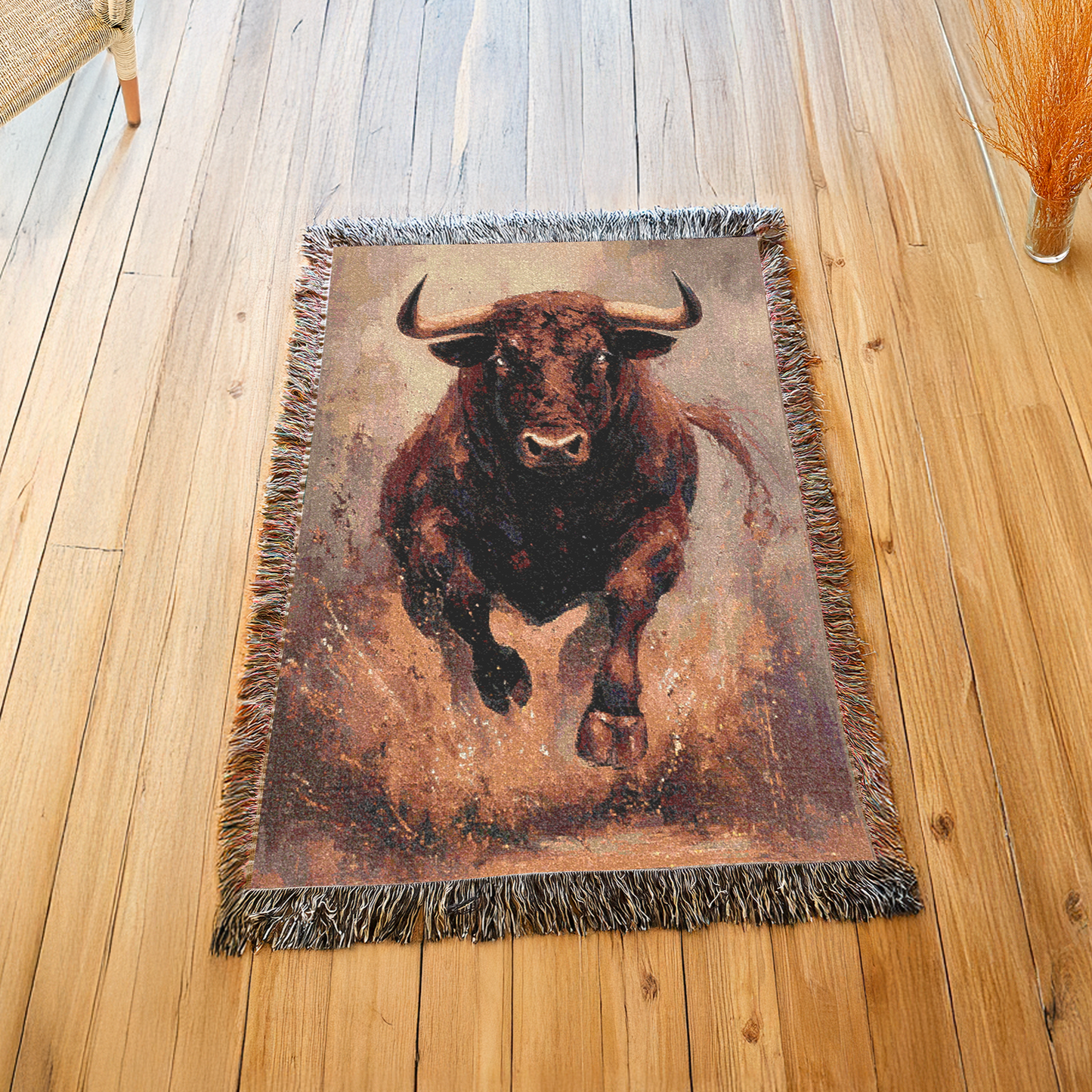 Bull Woven Blanket, Southwest Tapestry Throw, Charging Bull Sofa Bed Decor, Rustic Home Decor Gift, Western Wall Art, Wildlife Blanket