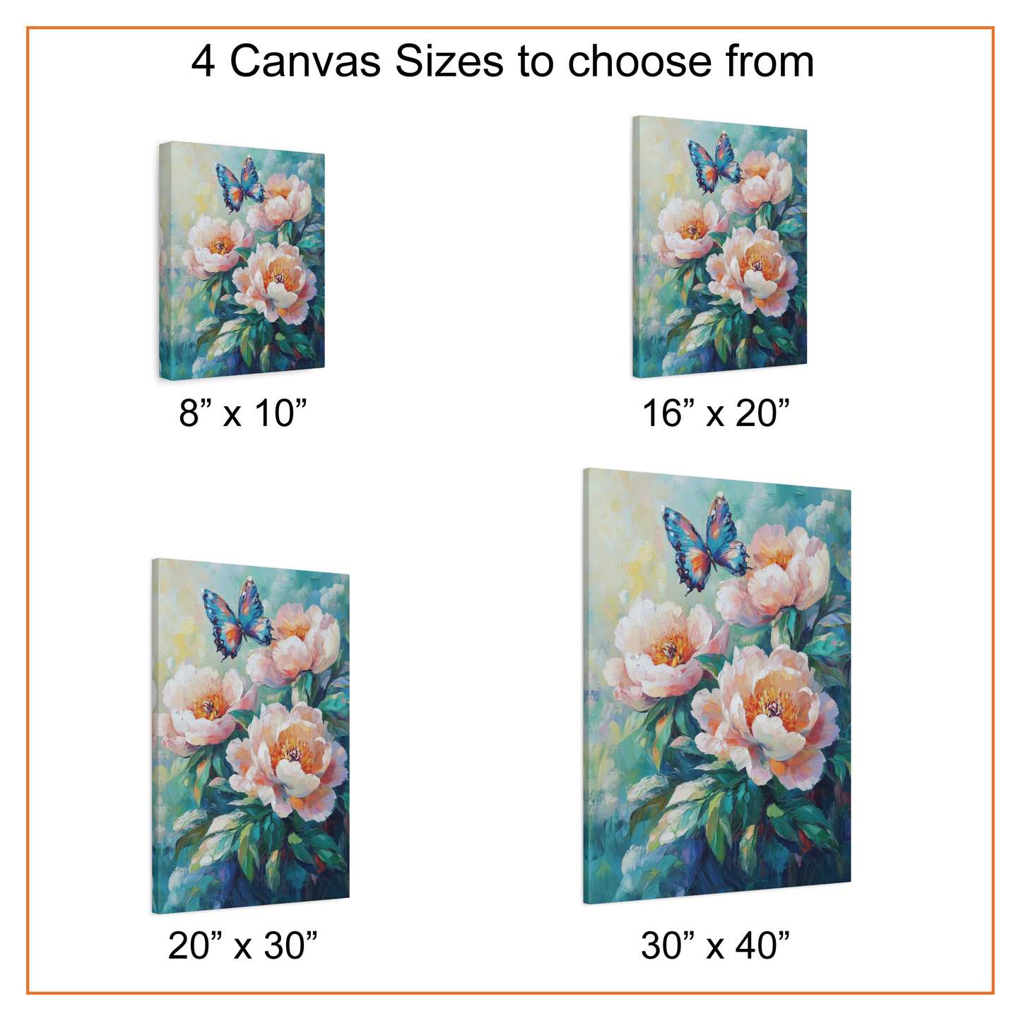Canvas prints of floral designs with butterfly elements in various sizes.