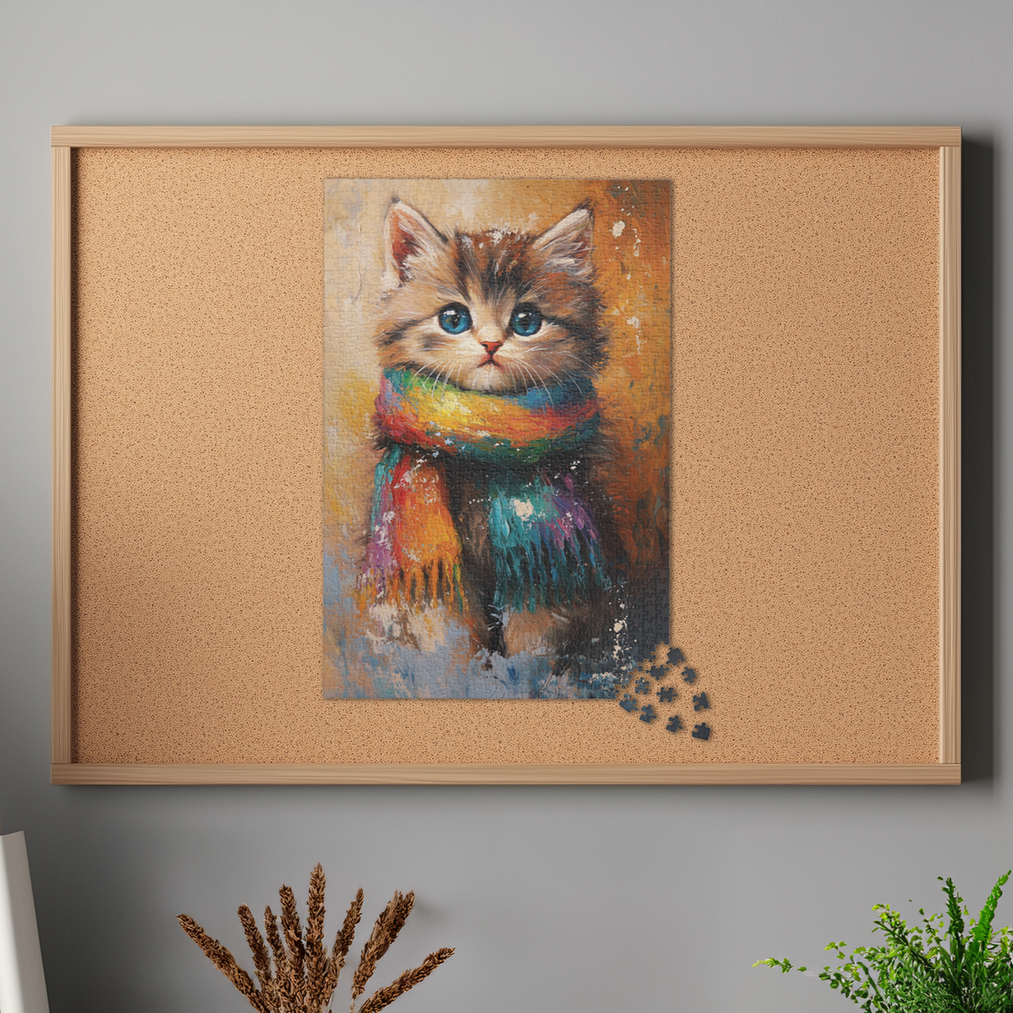 Fluffy Kitten Jigsaw Puzzle, Rainbow Scarf Cat Puzzle, Artistic Painting Style Design, Cat Lover Gift, Impressionistic Art Style