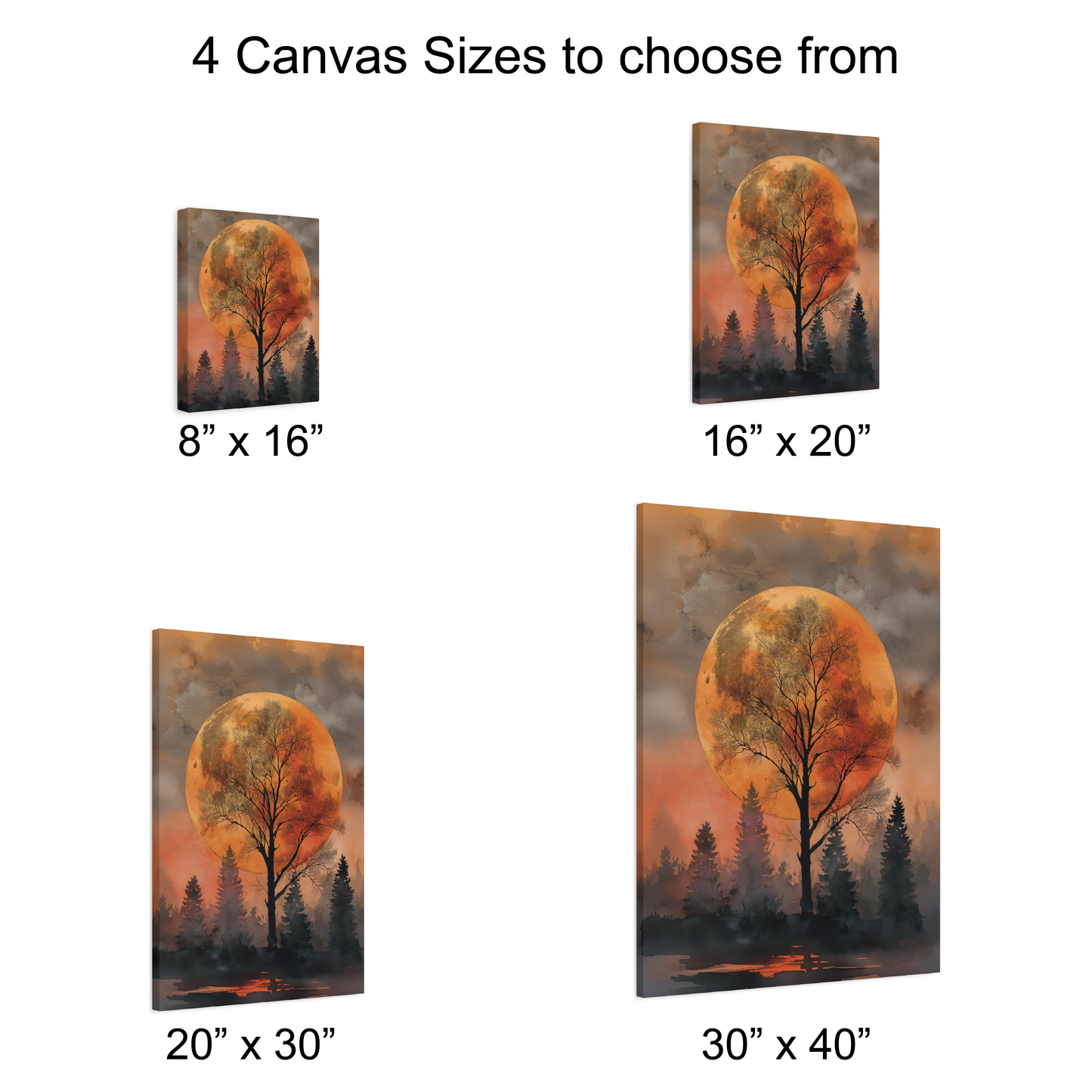 Orange Moon and Tree Landscape Wall Art, Autumn Forest Canvas or Poster Print, Celestial Night Painting for Home or Cabin Decor