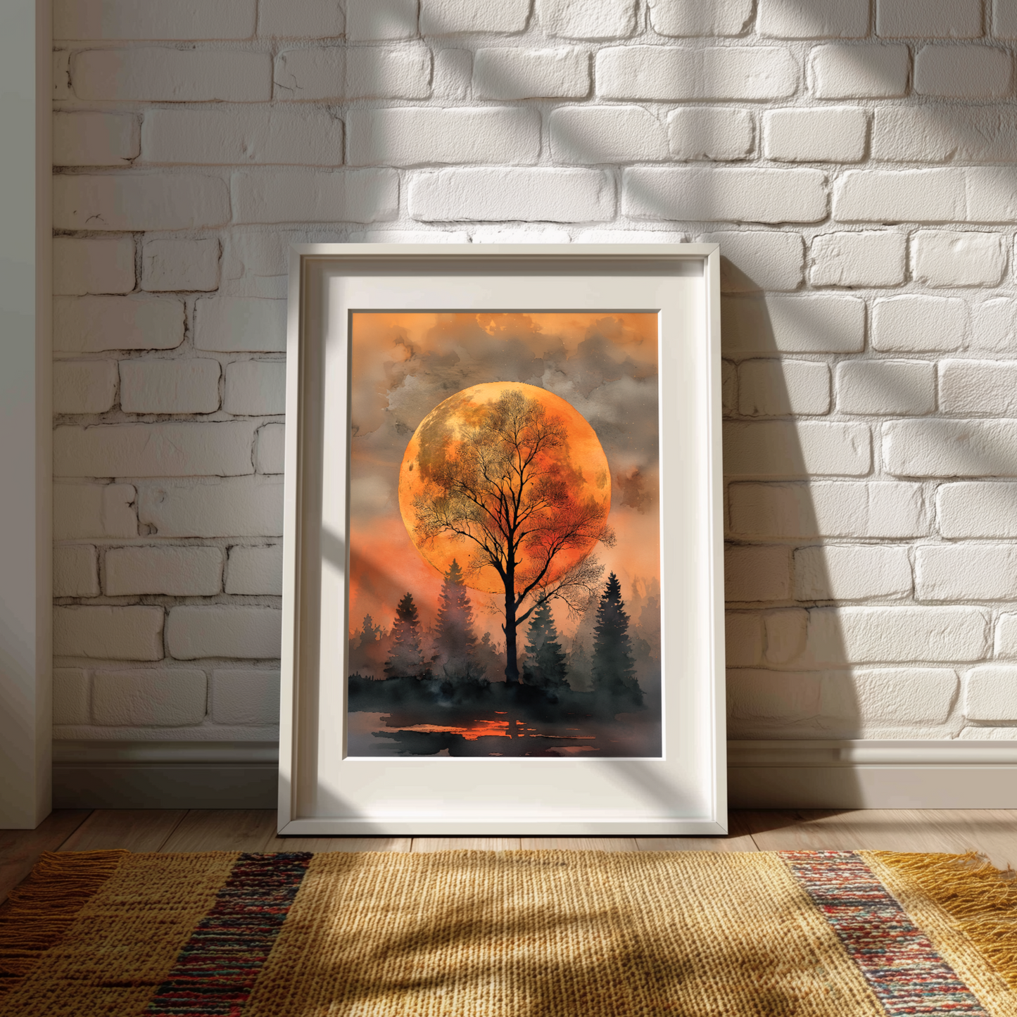 Orange Moon and Tree Landscape Wall Art, Autumn Forest Canvas or Poster Print, Celestial Night Painting for Home or Cabin Decor