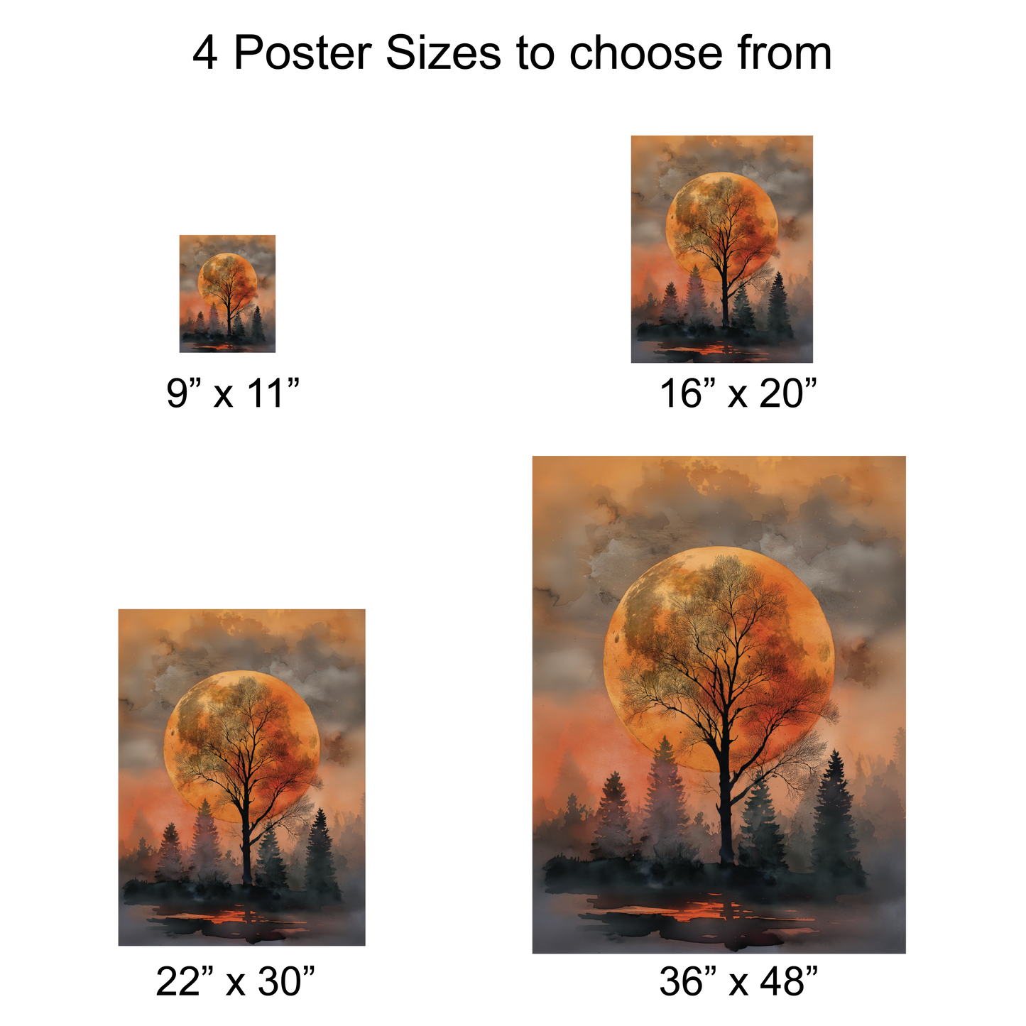 Orange Moon and Tree Landscape Wall Art, Autumn Forest Canvas or Poster Print, Celestial Night Painting for Home or Cabin Decor