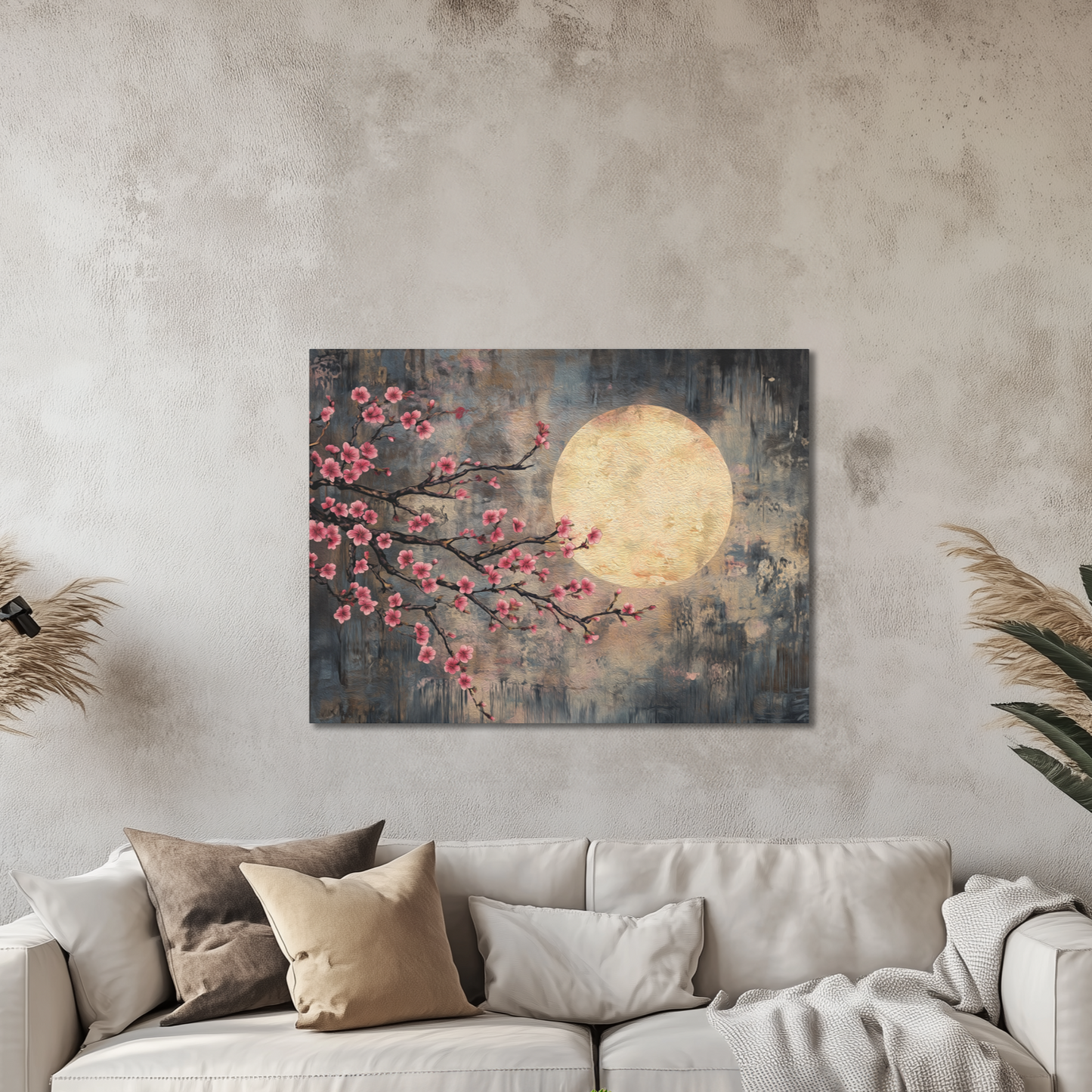Cherry Blossom Branch Celestial Full Moon Canvas Print, Sakura Flower Wall Art Decor, Japanese Tree Canvas Art, Rustic Home Office Decor