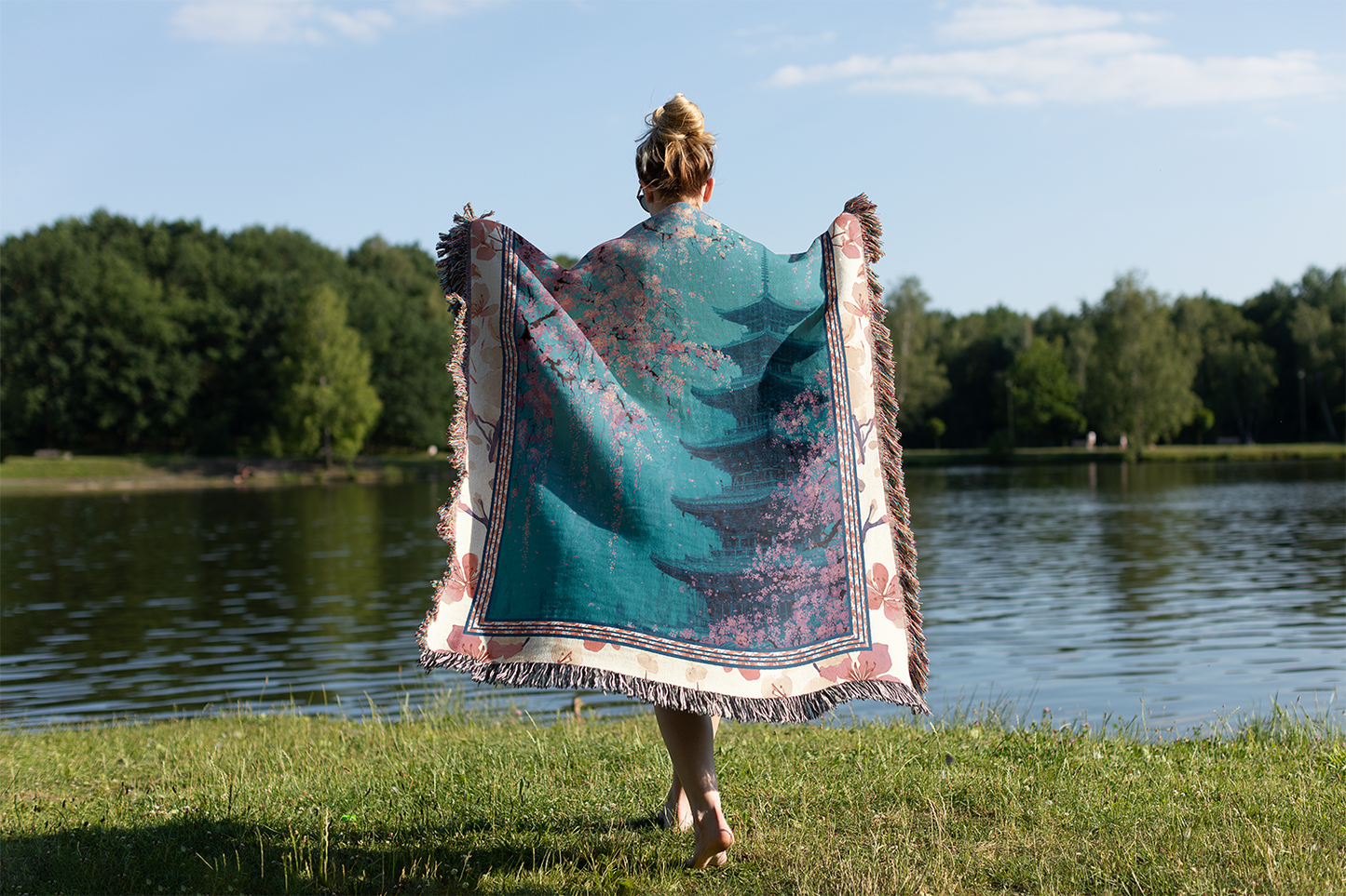 Japanese Pagoda Woven Blanket, Cherry Blossom Tapestry, Ukiyo-e Chinoiserie Style Jacquard Throw, Sakura Art Wall Hanging, Pink Floral Gift