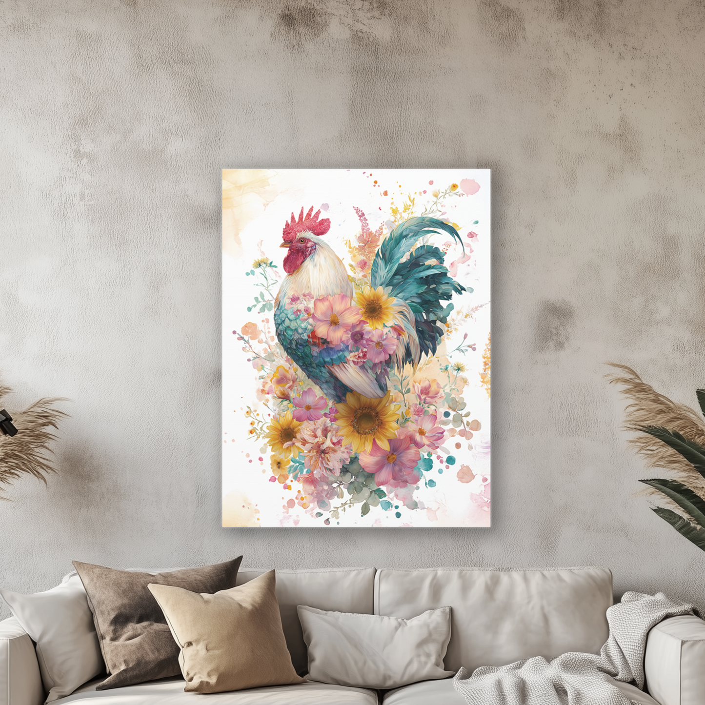 Colorful rooster painting on a wall above a sofa in a living room.