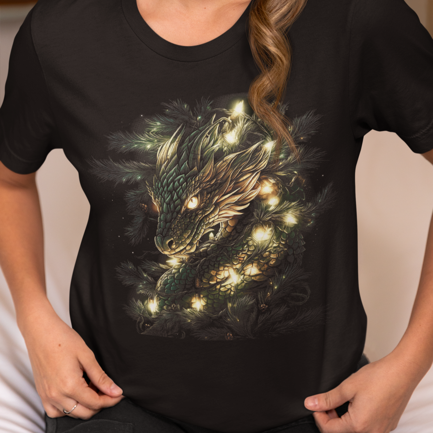 Dragon Christmas Lights T-Shirt, Holiday Tee, Pine Tree Nest Shirt, Dragon Shirt, Unisex Jersey Short Sleeve Tee, Xmas Gift for her