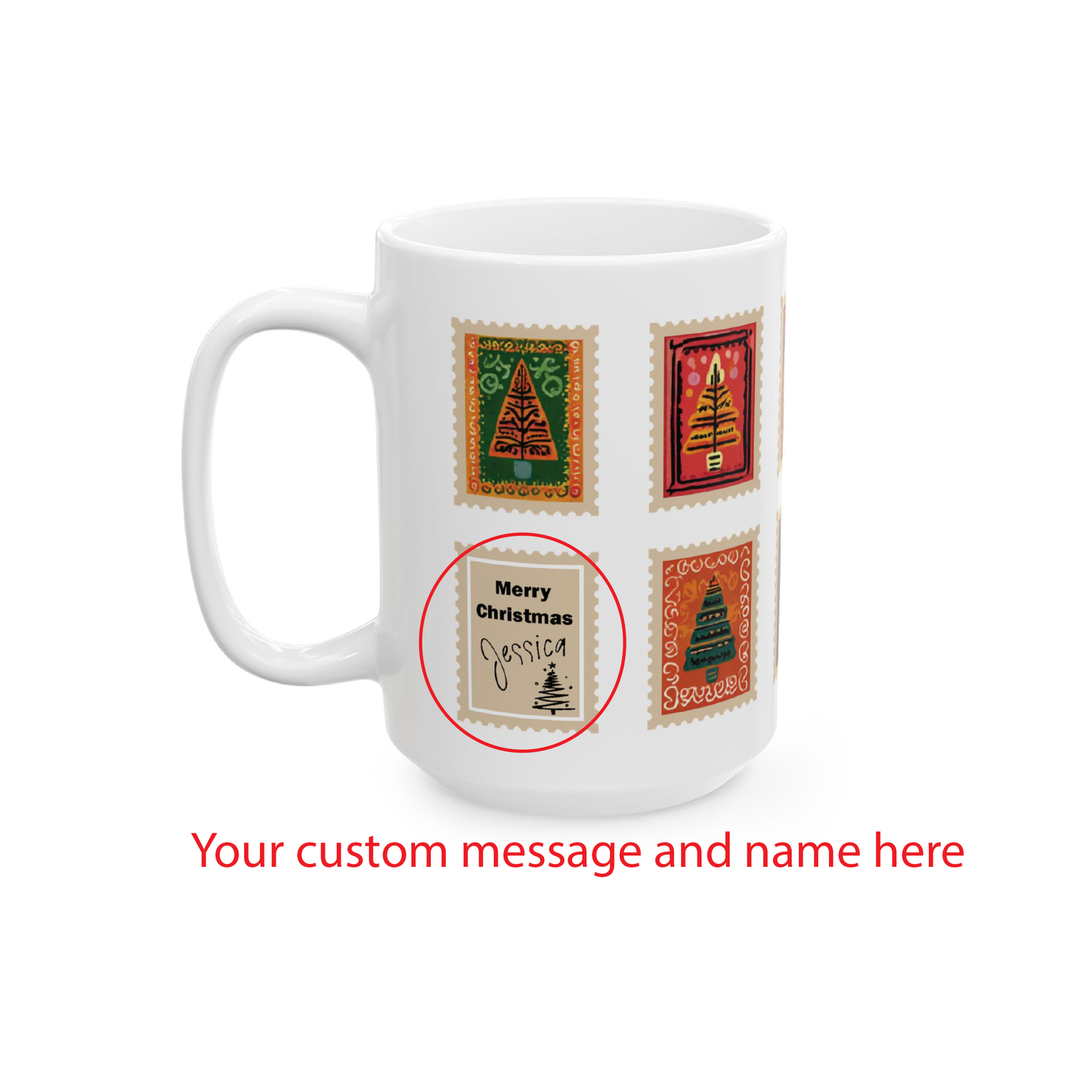 Custom Christmas Tree Stamp Ceramic Coffee Mug, Personalized Holiday Co-worker colleague Gift, Xmas Tea Cup, Home Decor, 11oz 15oz
