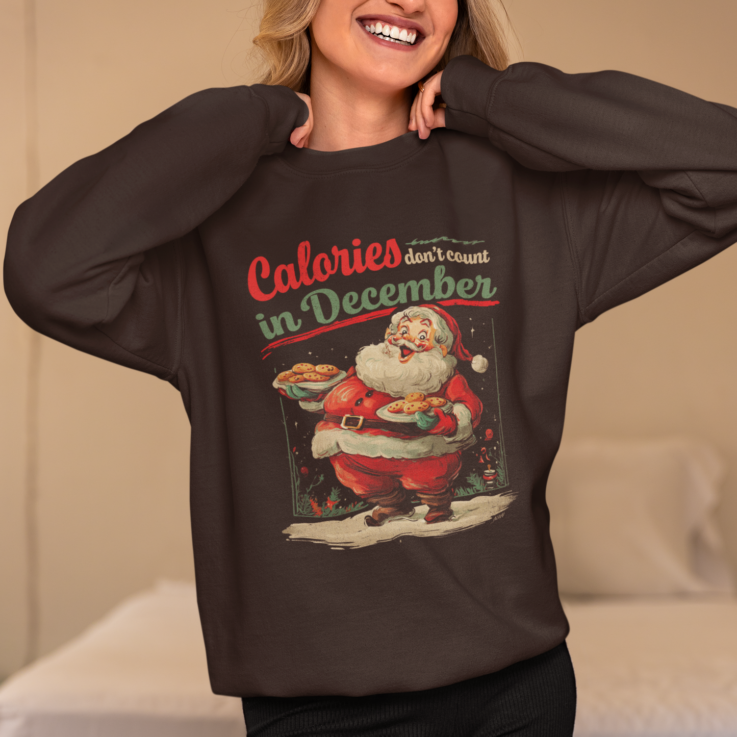 Christmas Santa Claus Sweatshirt, Funny Festive Holiday Graphic Crewneck Jumper, Calories Don't Count in December, Vintage Distressed Style
