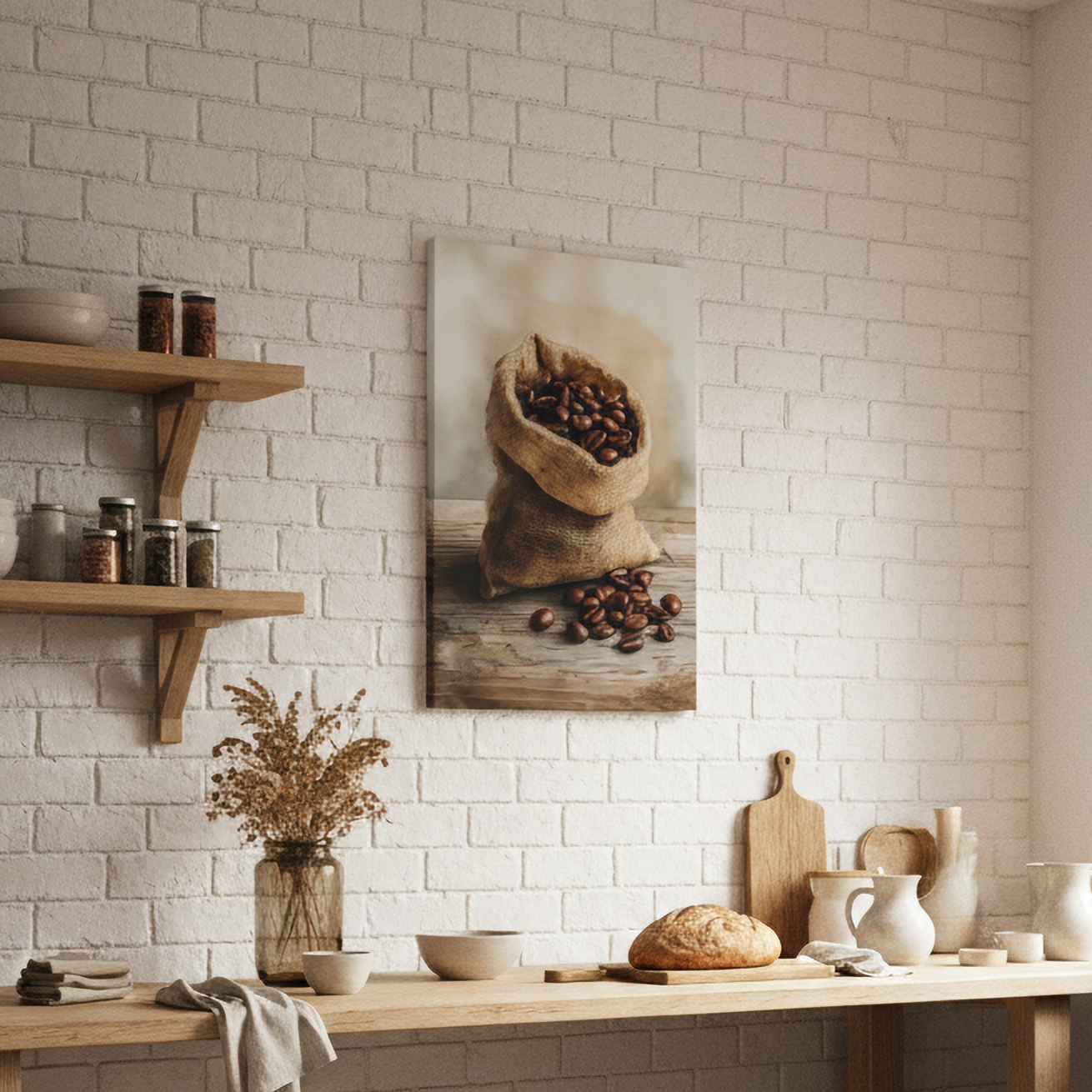 Rustic Coffee Bean Wall Art Print, Burlap Sack Coffee Decor for Kitchen Canvas or Poster Print, Cafe or Coffee Bar Decoration