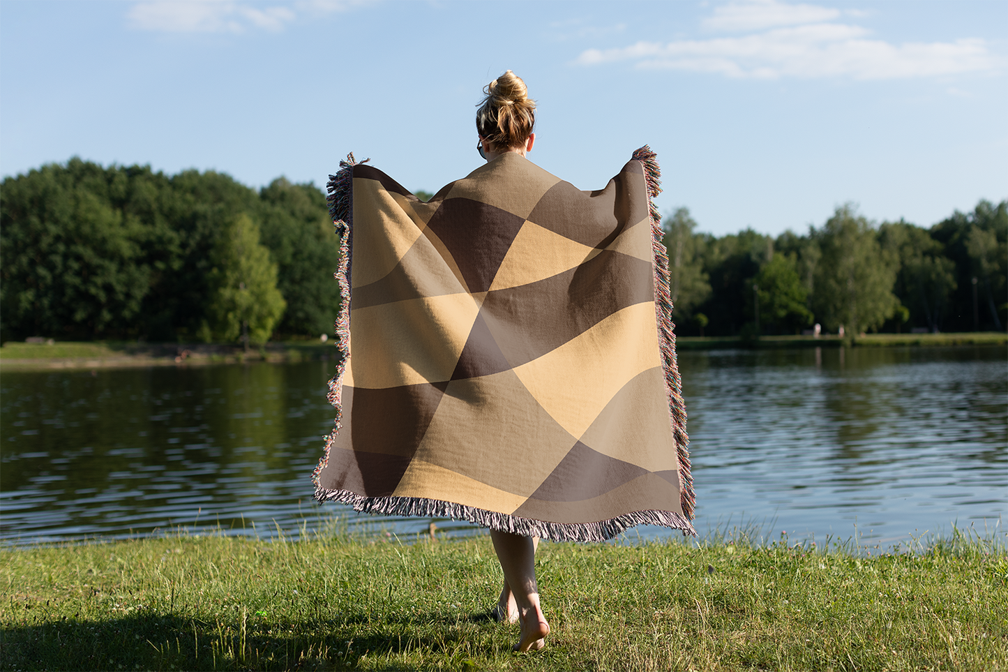 Abstract Geometric Woven Blanket, Mid Century Modern Brown Beige Throw, Neutral Earth Tone Decor, Couch Jacquard Cover, Woven Tapestry