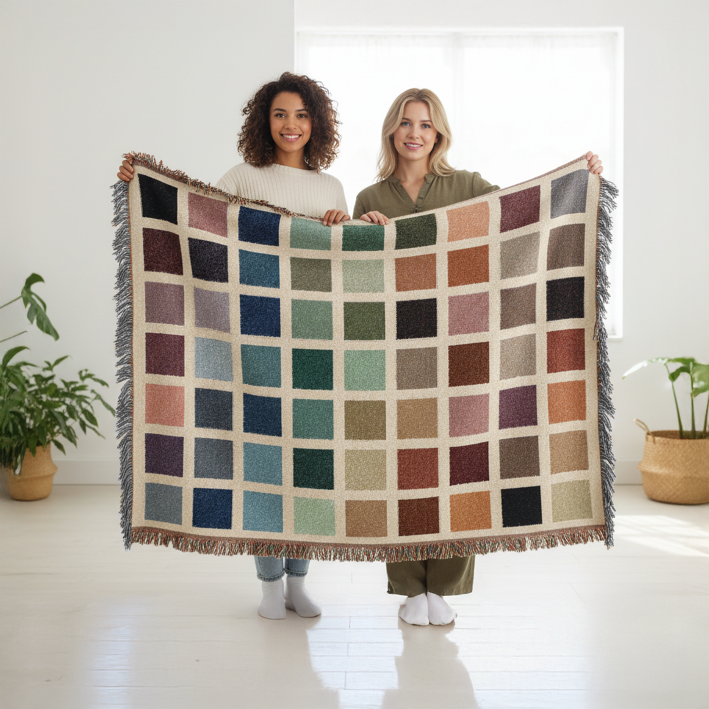Colorful Checkerboard Grid Woven Blanket, Wall Tapestry, Modern Geometric Home Decor, Cozy Sofa Throw, Soft Fringe Blanket