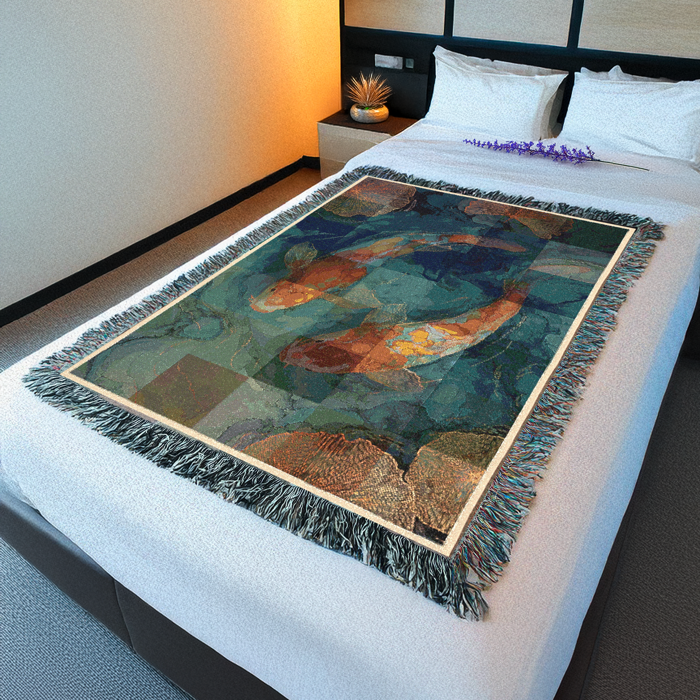 Koi Fish Pond Tapestry Throw Woven Blanket, Japanese Koi Home Decor, Artistic Textures Fringed Blanket, Living Room Sofa Bed Decoration