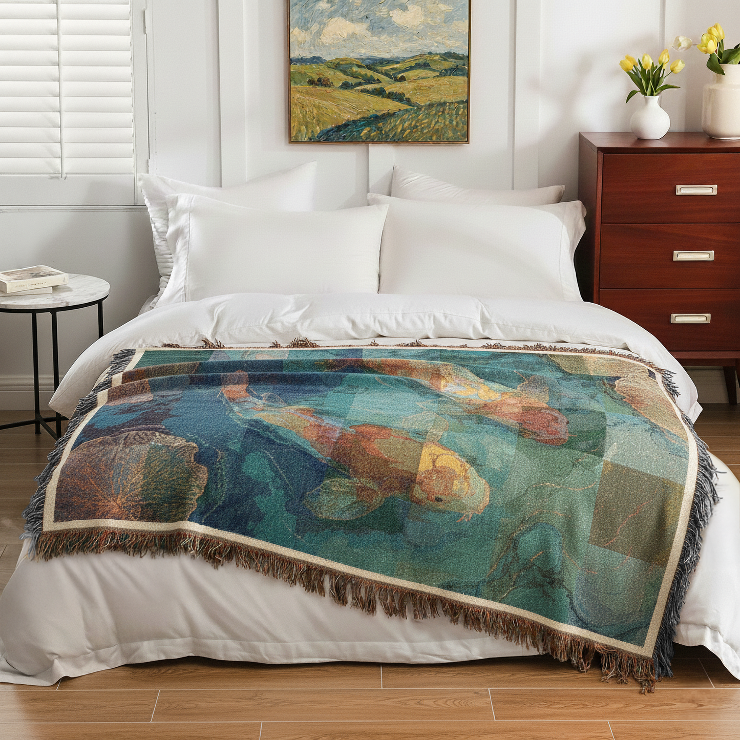 Koi Fish Pond Tapestry Throw Woven Blanket, Japanese Koi Home Decor, Artistic Textures Fringed Blanket, Living Room Sofa Bed Decoration