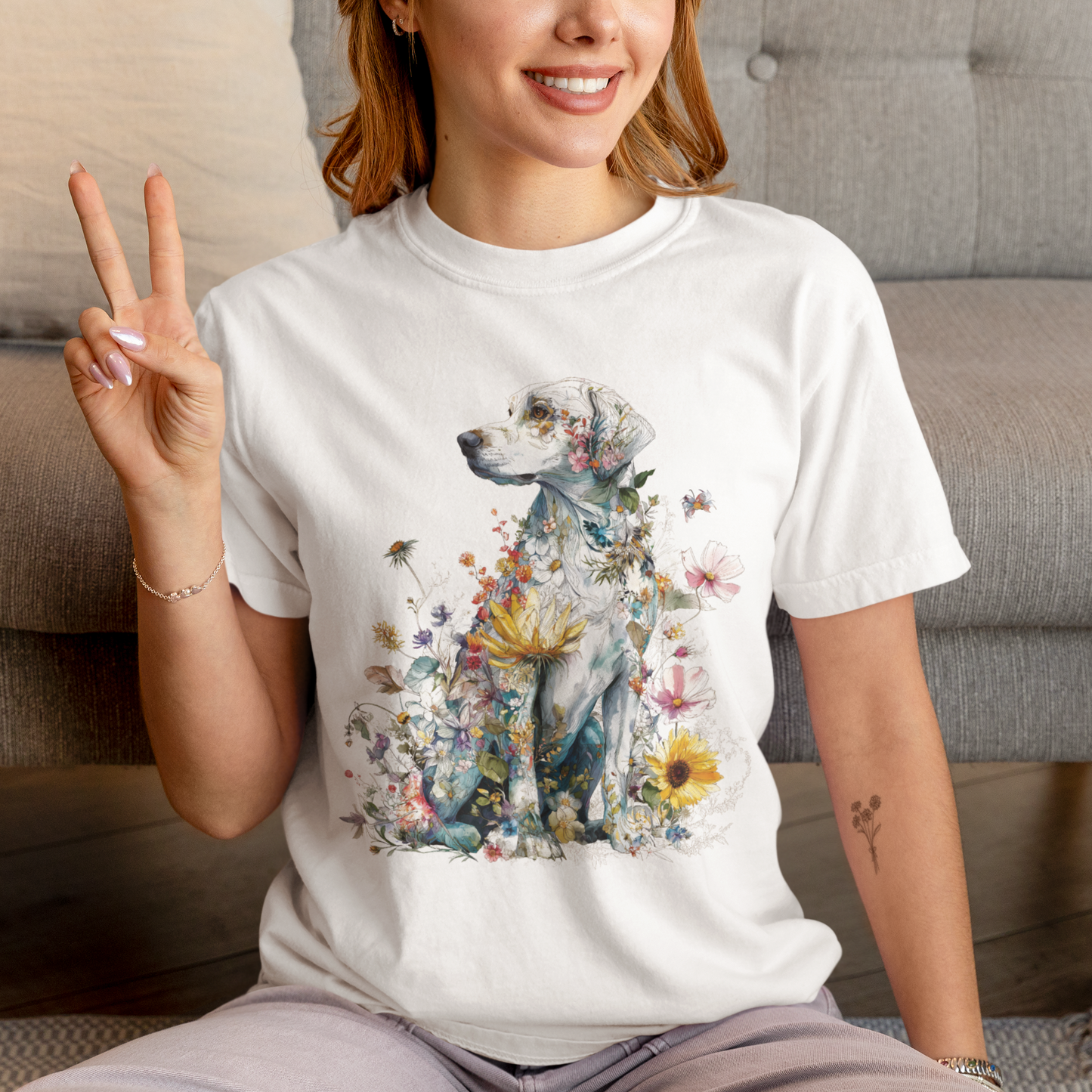 Comfort Colors Dog and Floral Graphic Shirt, Cute Dog Pose Tee, Watercolor Style Art Shirt, Botanical Illustration Top, Floral Garden Shirt