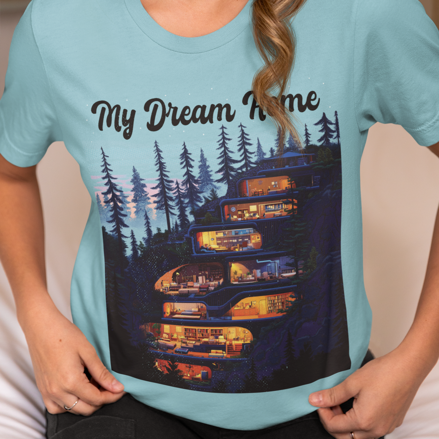 Forest Landscape My Dream Home T-Shirt, Eco-Friendly Living Nature Lover Tee, Cozy Illuminated Homes Shirt, Whimsical Artistic Design Top