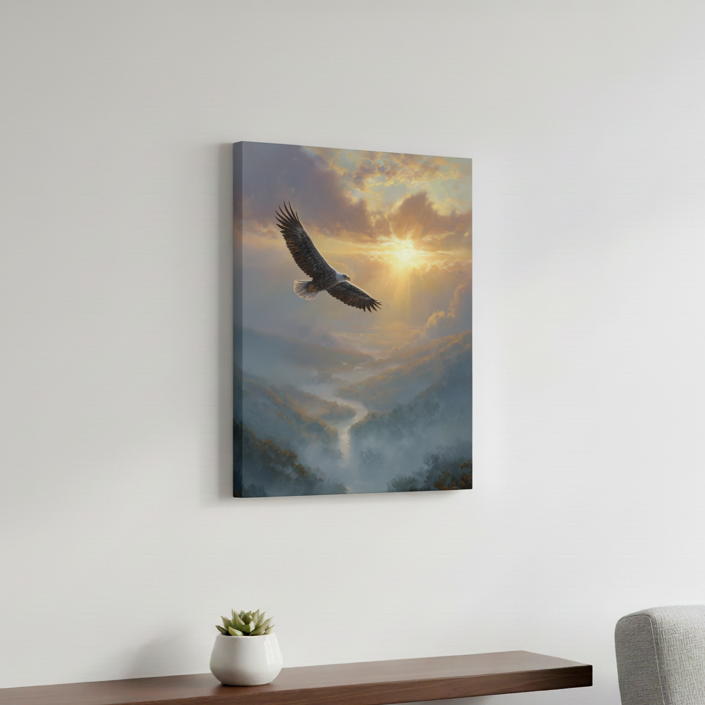Majestic Eagle at Sunrise Canvas or Poster Print, Oil Painting Style Print, Misty Mountain Landscape Artwork, Inspirational Home Decor