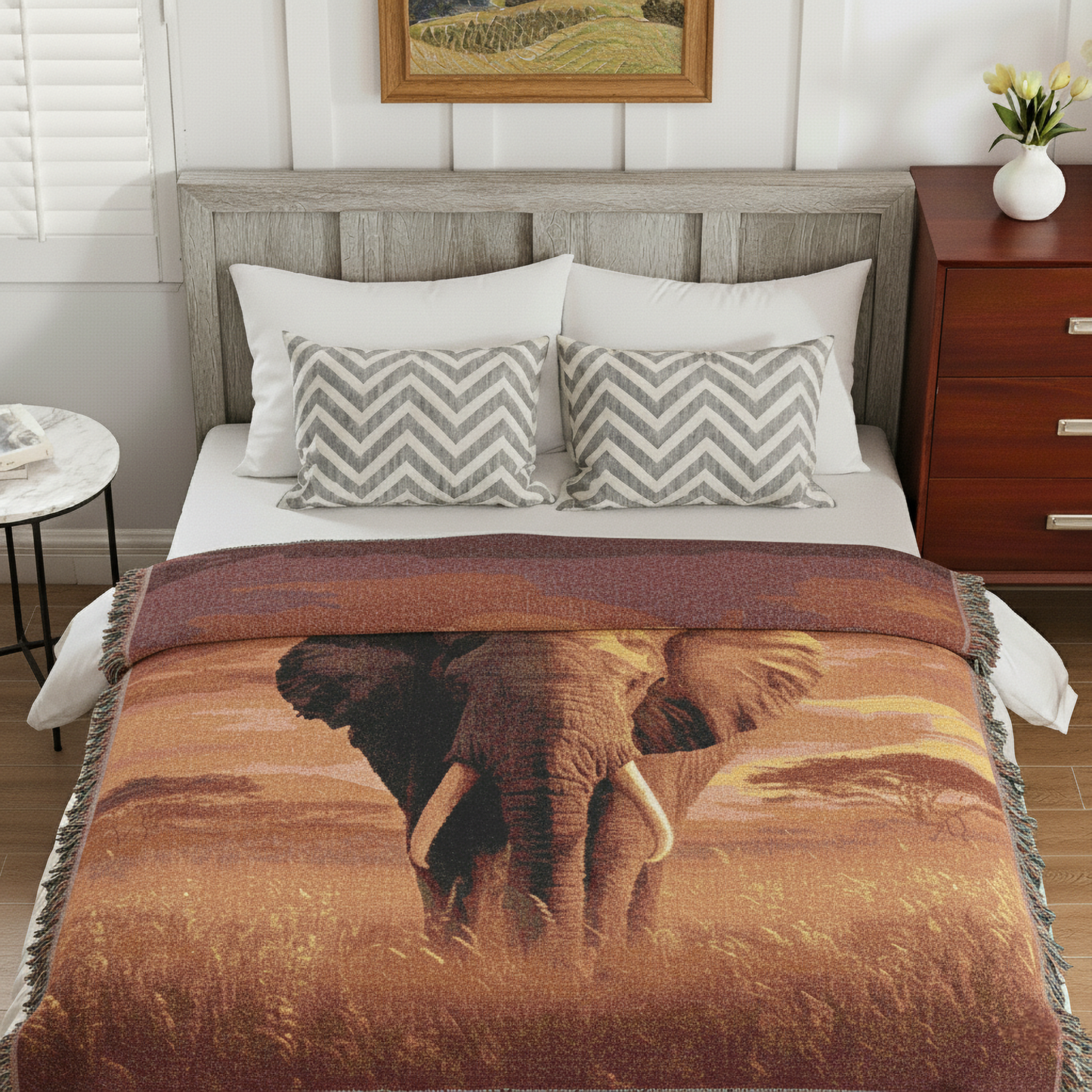 Elephant Woven Blanket, Safari Art Throw, Earth-Tone Wildlife Tapestry for Modern Boho Home Decor, Elephant Lover Gift, Sofa Bed Cover