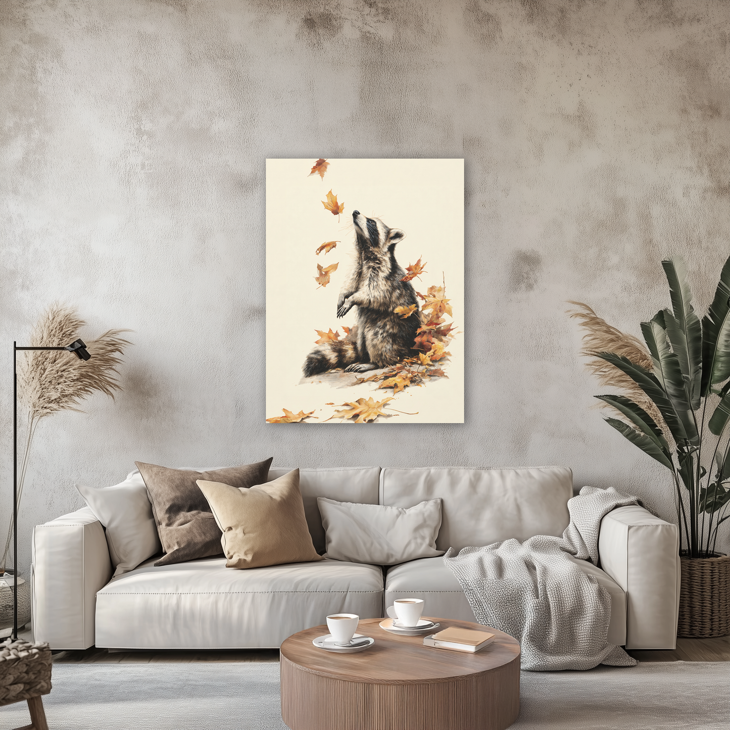 Fall Raccoon Wall Art Print Poster or Canvas, Autumn Leaves Wall Art, Woodland Animal Autumn Leaves, Cute Rustic Forest Home Decoration