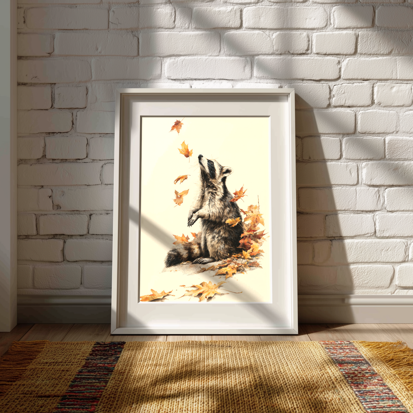 Fall Raccoon Wall Art Print Poster or Canvas, Autumn Leaves Wall Art, Woodland Animal Autumn Leaves, Cute Rustic Forest Home Decoration