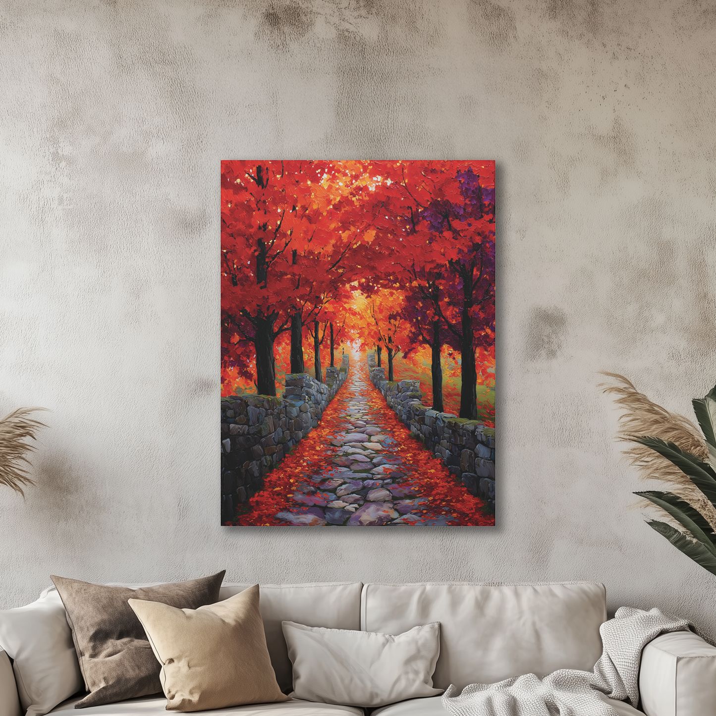 Autumn Stone Path Canvas Print Wall Art, Oil Painting Style Vibrant Fall Foliage Landscape Print for Cozy Fall Seasonal Home Decor