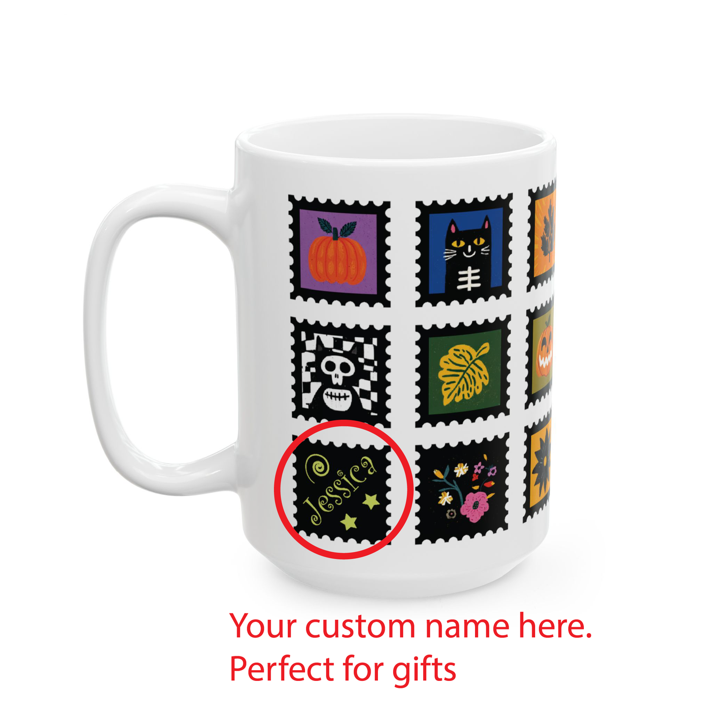 Custom Halloween Ceramic Mug, Fall Season Personalized Gift, Cute Stamp Halloween Home Decor, Autumn Coffee Tea Cup, 11 oz or 15 oz