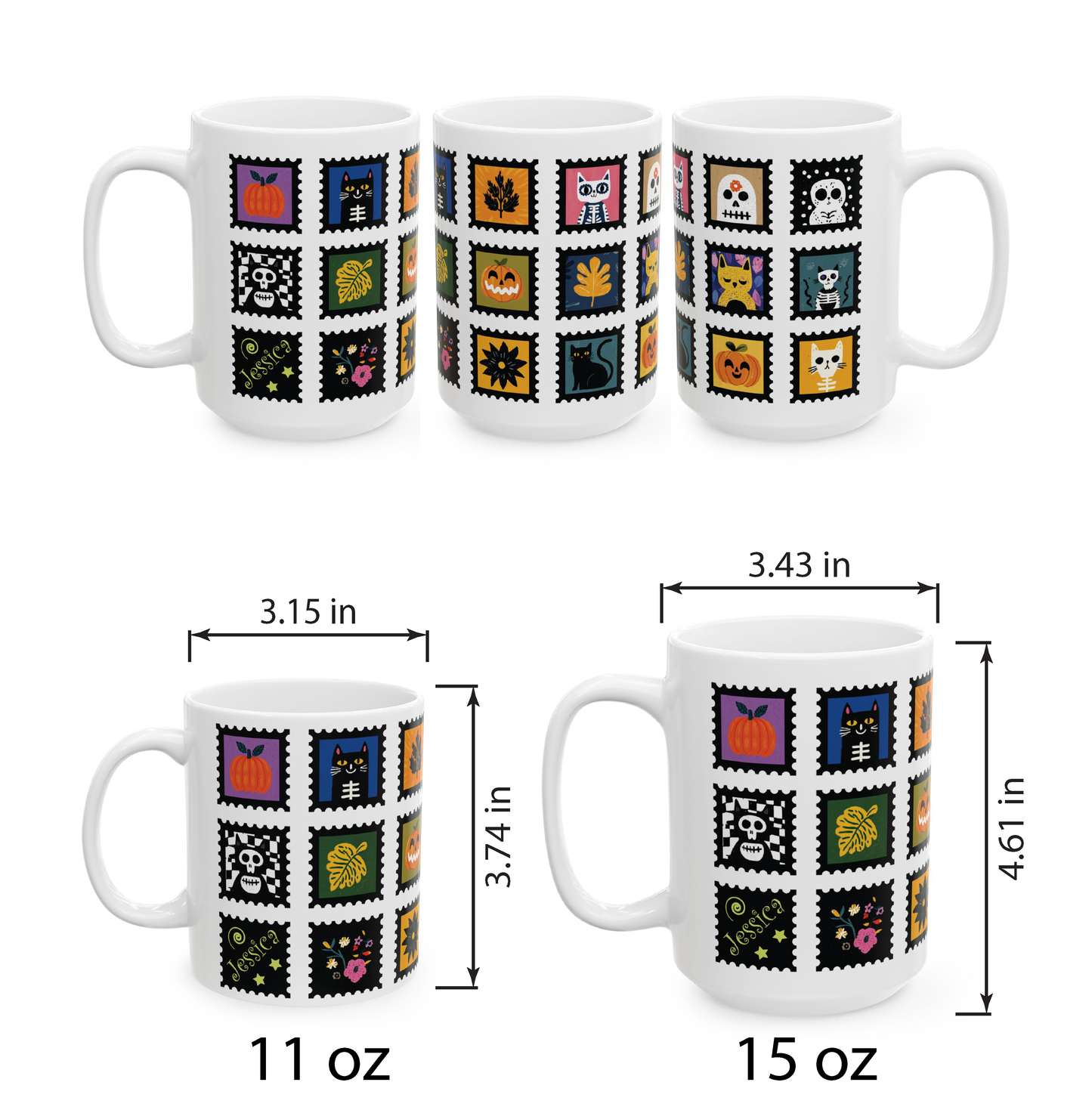 Custom Halloween Ceramic Mug, Fall Season Personalized Gift, Cute Stamp Halloween Home Decor, Autumn Coffee Tea Cup, 11 oz or 15 oz