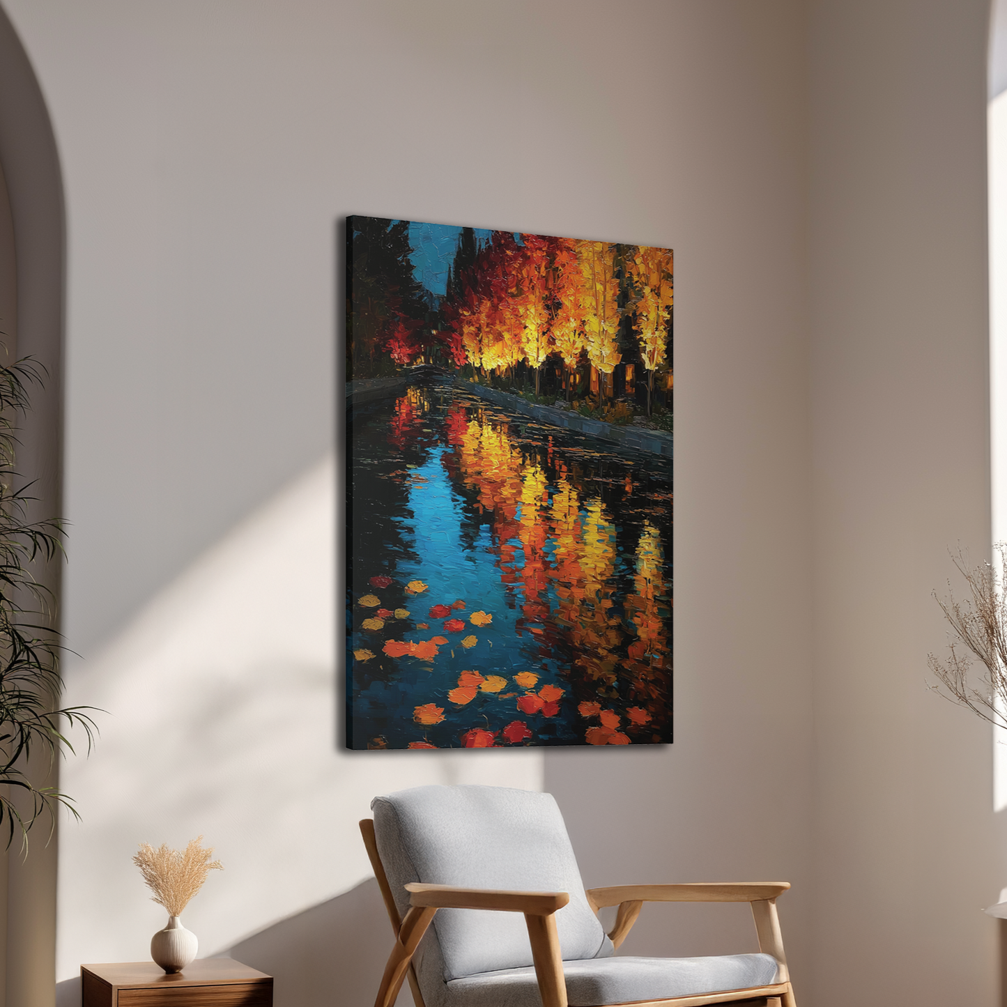 Autumn Reflections Impressionist Canvas or Poster Print, Golden Fall Trees and Colorful Leaves on River, Oil Painting Style Wall art
