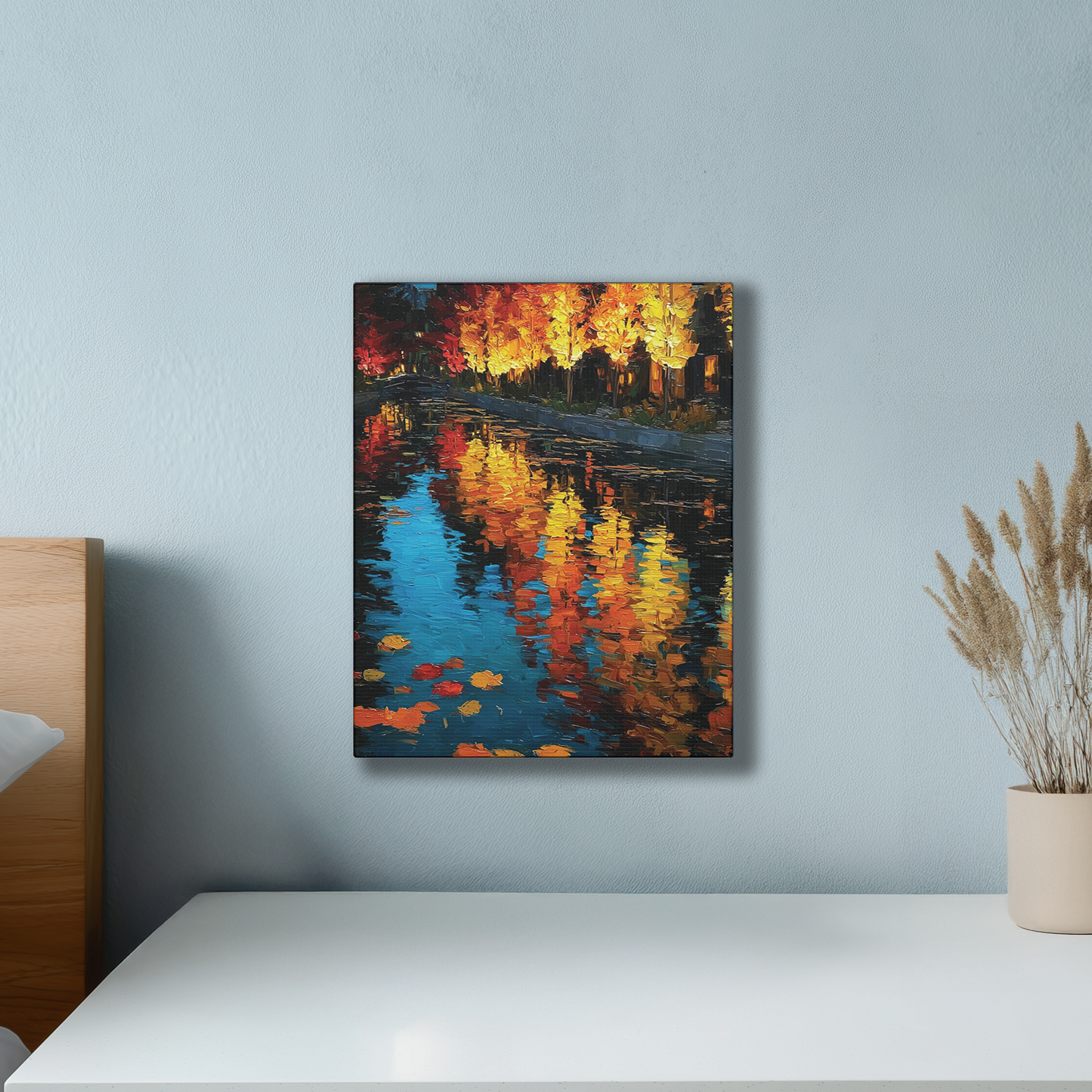 Autumn Reflections Impressionist Canvas or Poster Print, Golden Fall Trees and Colorful Leaves on River, Oil Painting Style Wall art