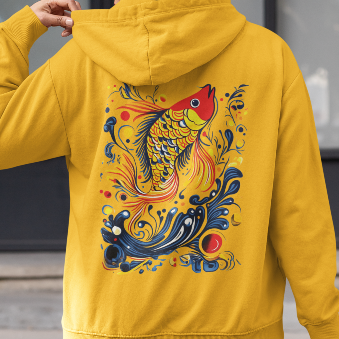 Colorful Fish Art Hoodie, Japanese Motifs Hoodie, Whimsical Water Splash Design, Vibrant Unisex Hooded Jumper, Unique Gift for Fish