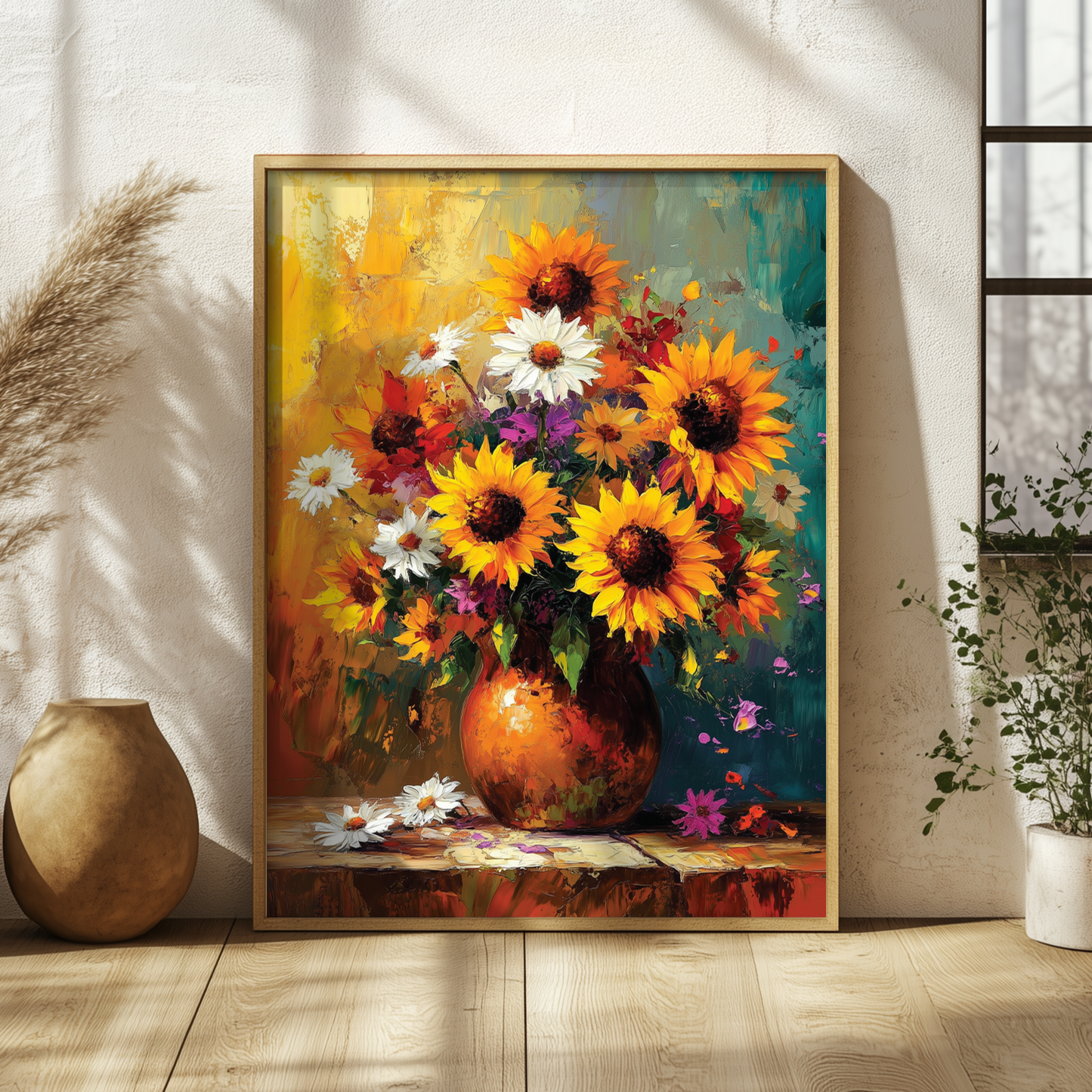 Impressionistic Floral Matte Poster Print, Sunflower Bouquet Painting Print, Home Decor Wall Art Gift, Daisies Sun Flowers Painting Poster