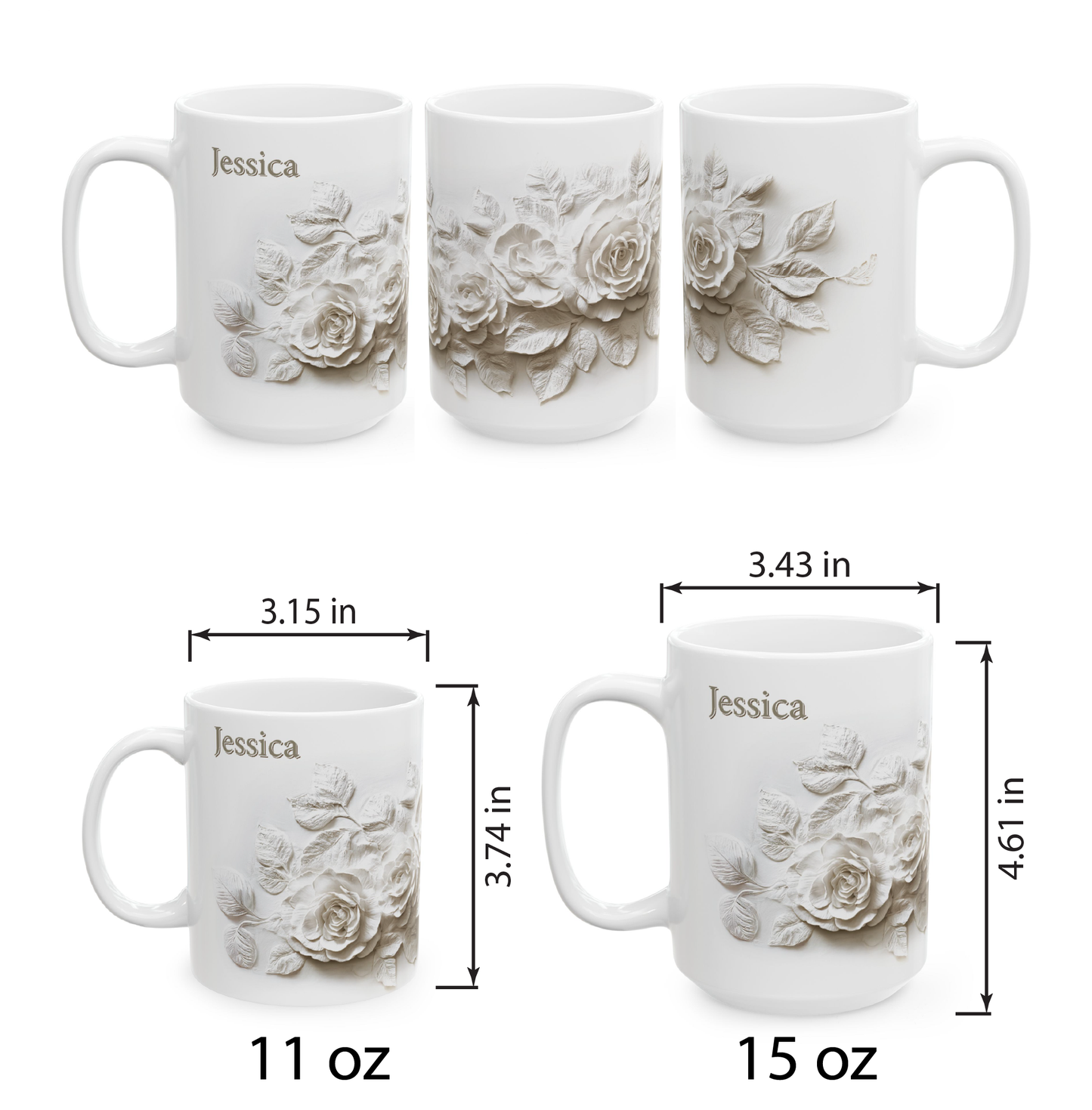 Personalized Elegant Rose Design Mug, Custom Faux Embossed Floral Print Ceramic Mug, Faux 3D Flower Mug, Flower Plaster Style Print Tea Cup