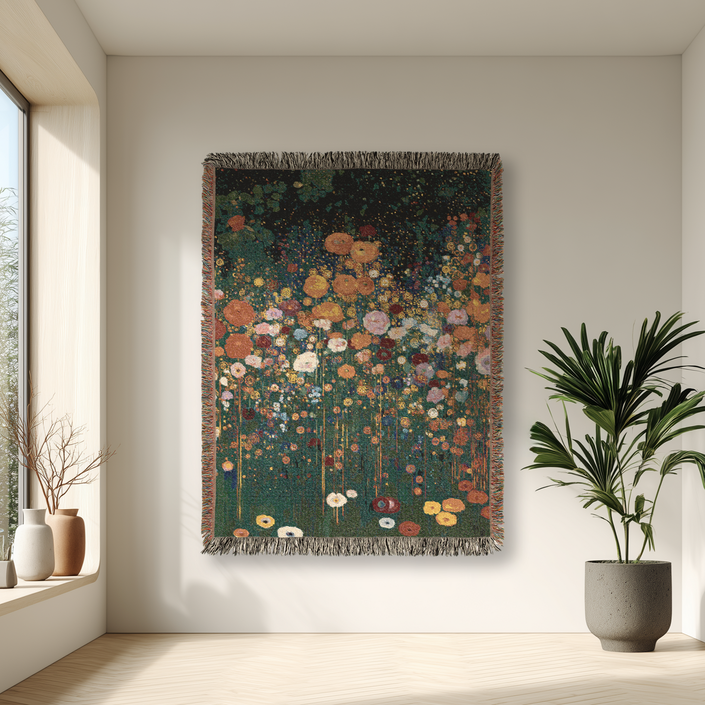 Artistic Floral Woven Blanket, Impressionistic Style Design Tapestry, Fringed Edge Throw, Pointillism Style Home Decor, Sofa Bed Cover Throw