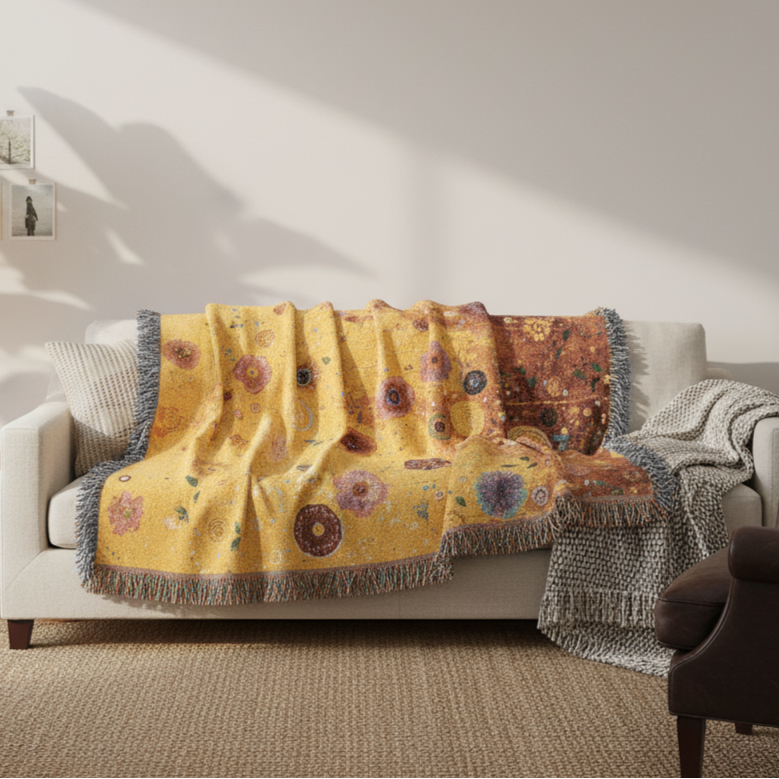 Abstract Floral Woven Blanket, Golden Floral Tapestry Woven Blanket with Fringe, Modern Home Decoration, Sofa Bed Cover Throw