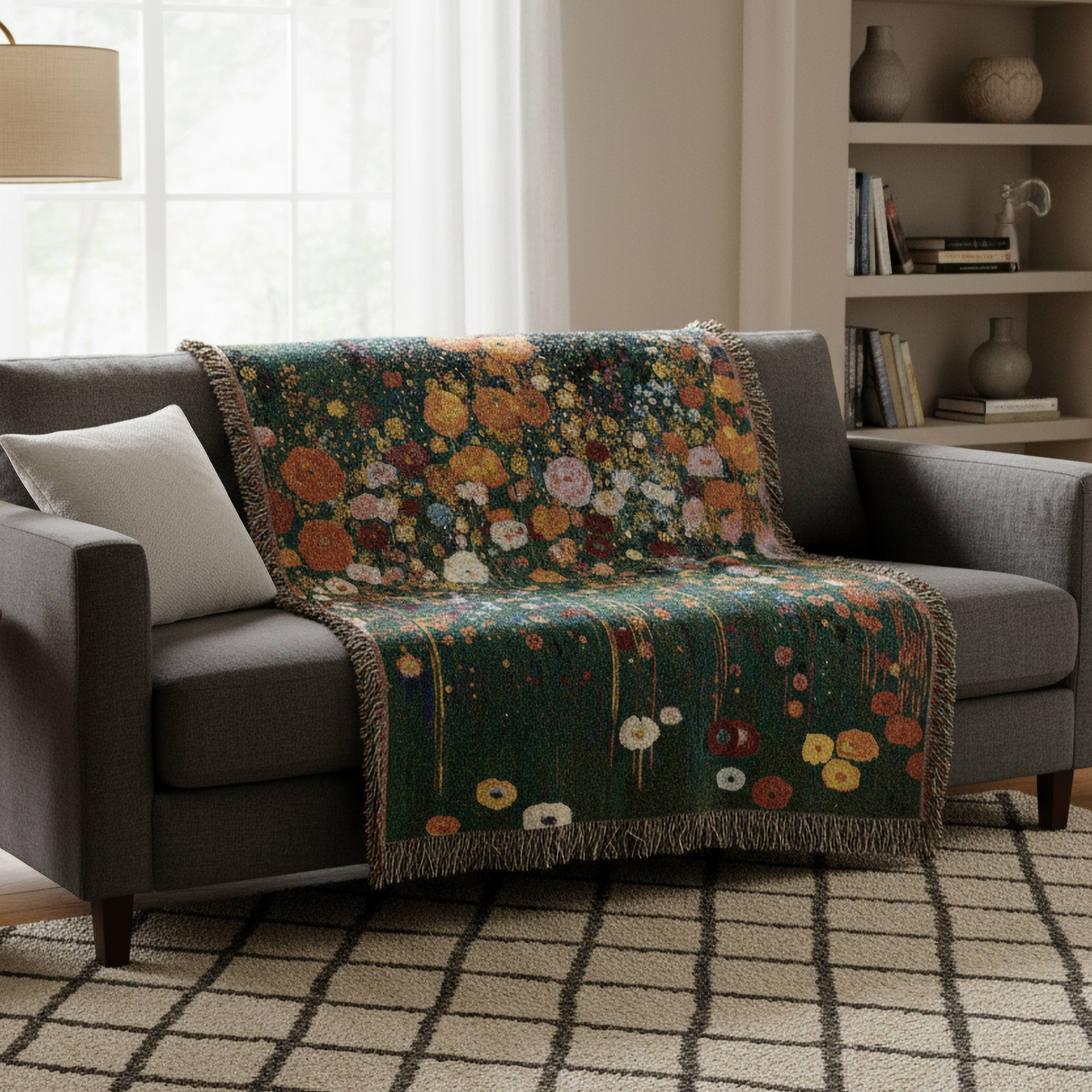 Artistic Floral Woven Blanket, Impressionistic Style Design Tapestry, Fringed Edge Throw, Pointillism Style Home Decor, Sofa Bed Cover Throw