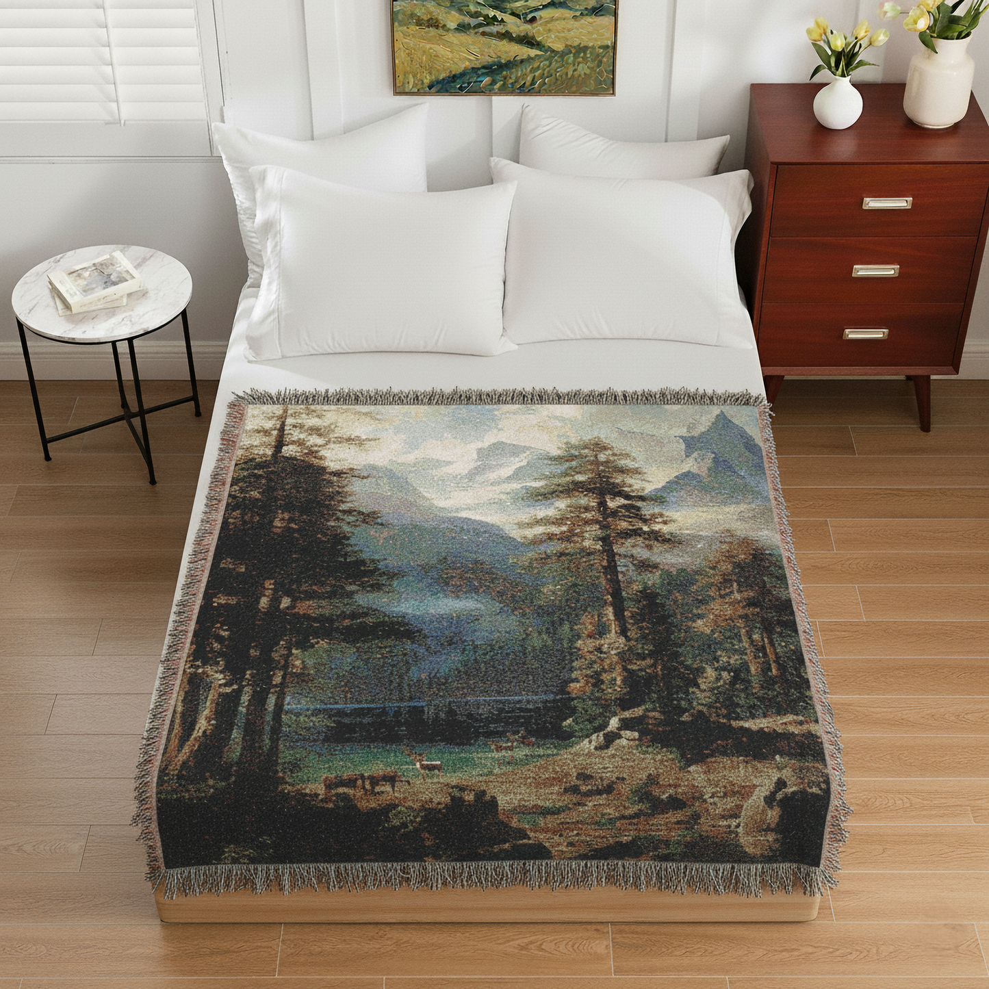Mountain Wilderness Woven Blanket, Albert Bierstadt Inspired Decor, Forest Art Tapestry, Nature Landscape Throw Blanket, Rustic Cabin Decor